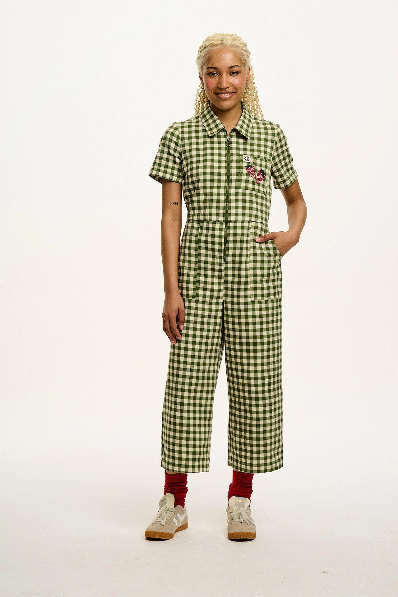 Ragan - Cotton Jumpsuit in Green Gingham with Strawberry Embroidery