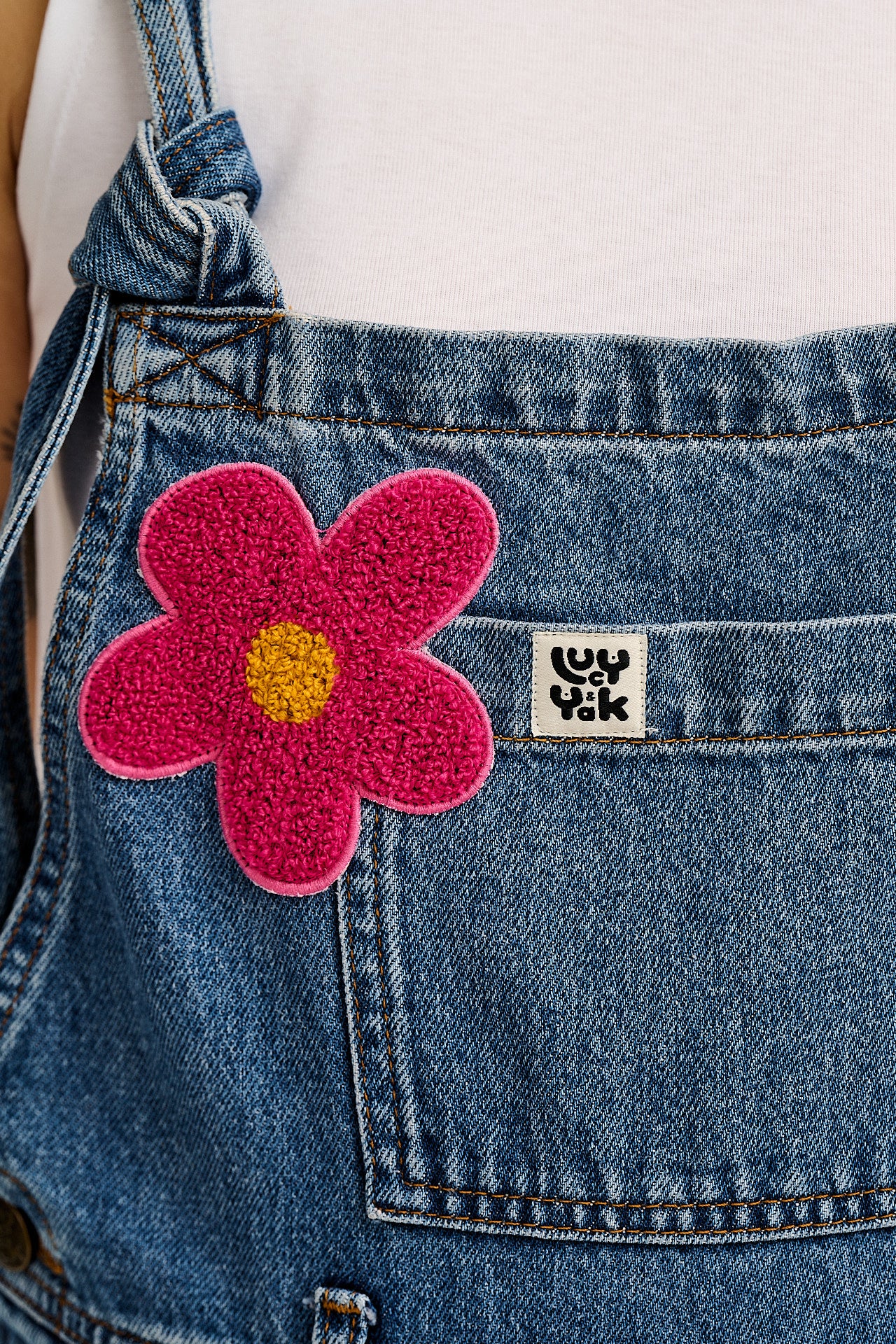 Easton - Denim Dungarees in Mid Wash Blue with Pink Flower Motif