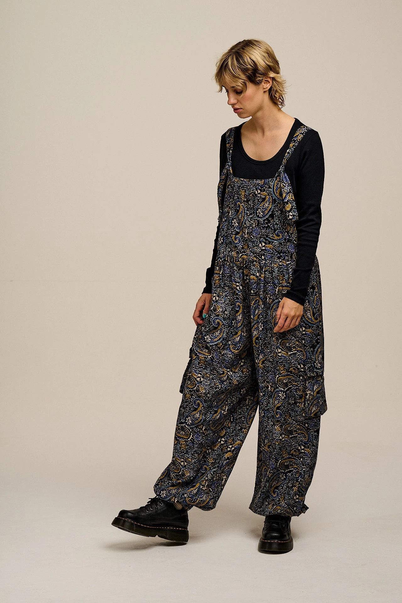 Miyada - Brushed Cotton Dungarees in Grunge Blue Paisley Print