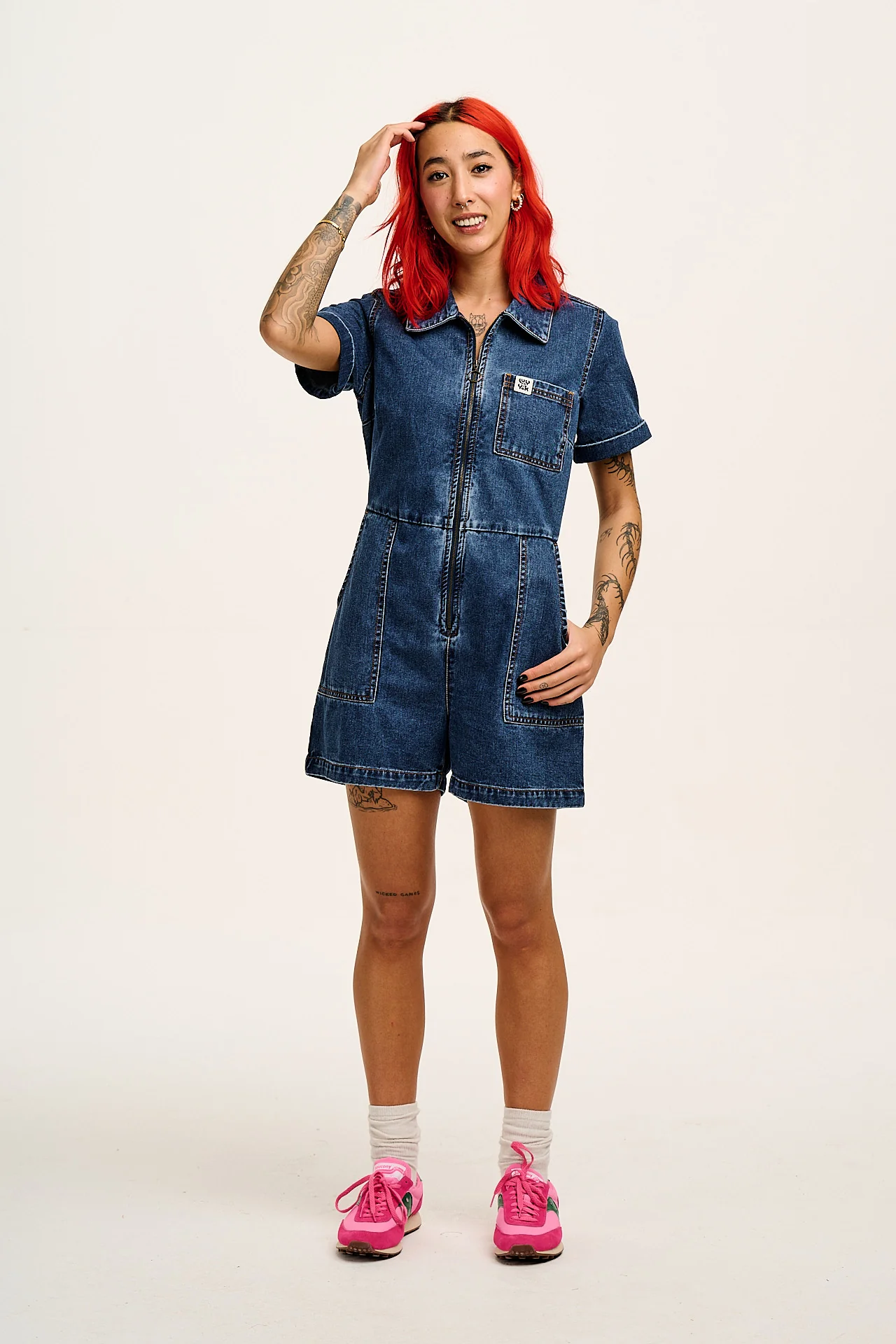 Riley - Denim Playsuit in Mid Wash Blue