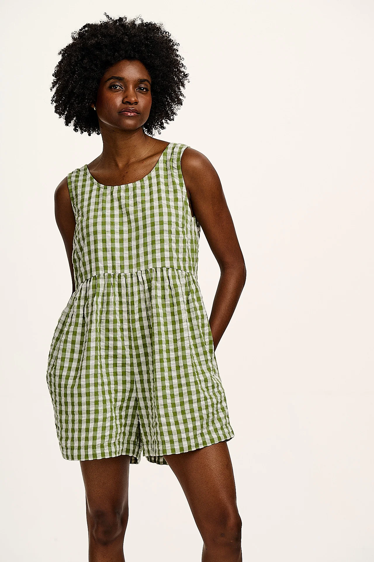Alisa - Cotton Playsuit in Green & White Gingham