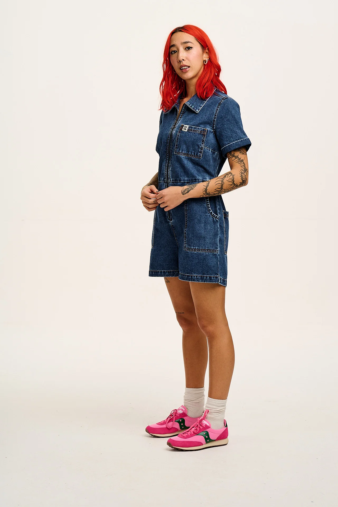 Riley - Denim Playsuit in Mid Wash Blue