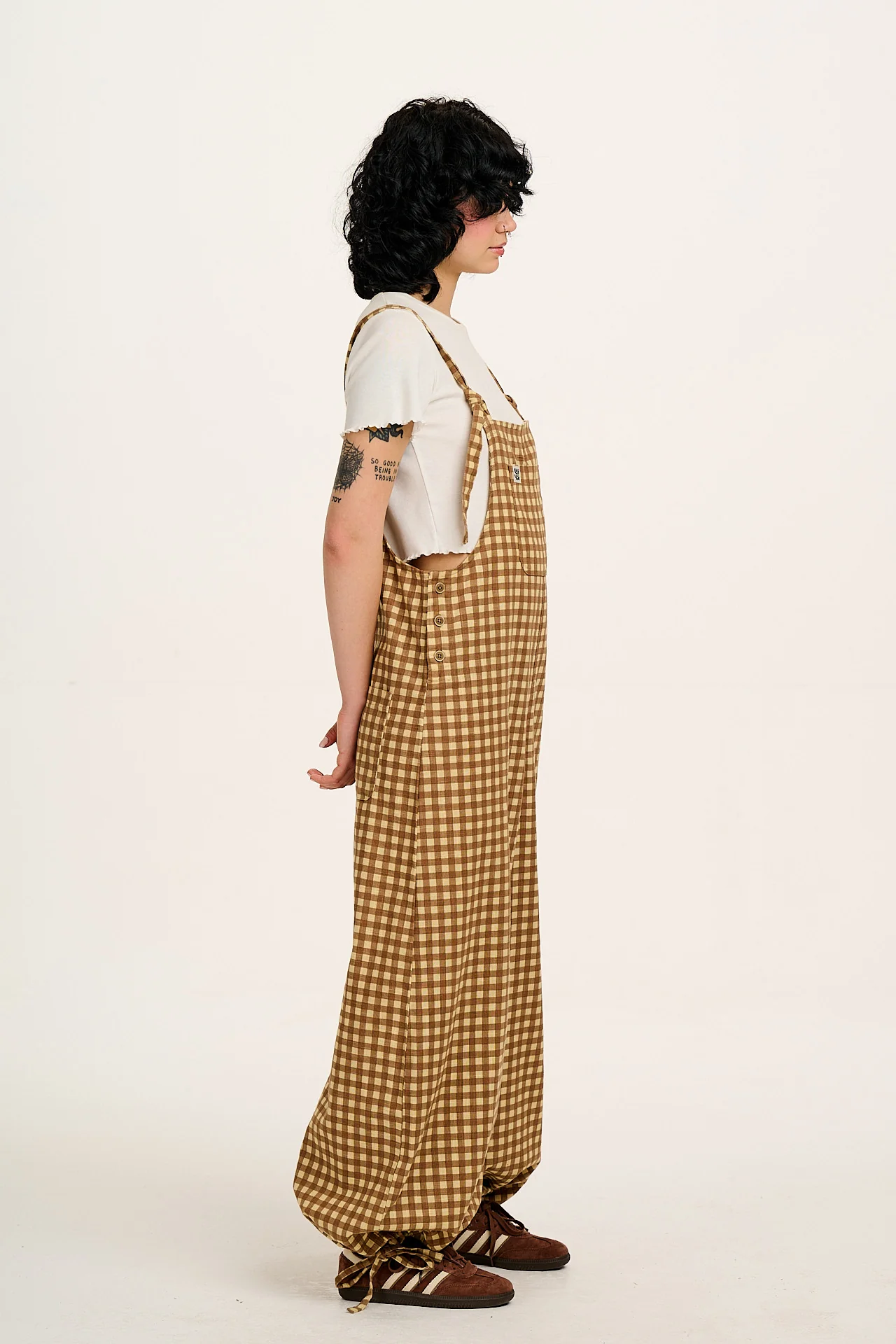 Ali - Wide Leg Cotton Dungarees Brown Birch Gingham Print