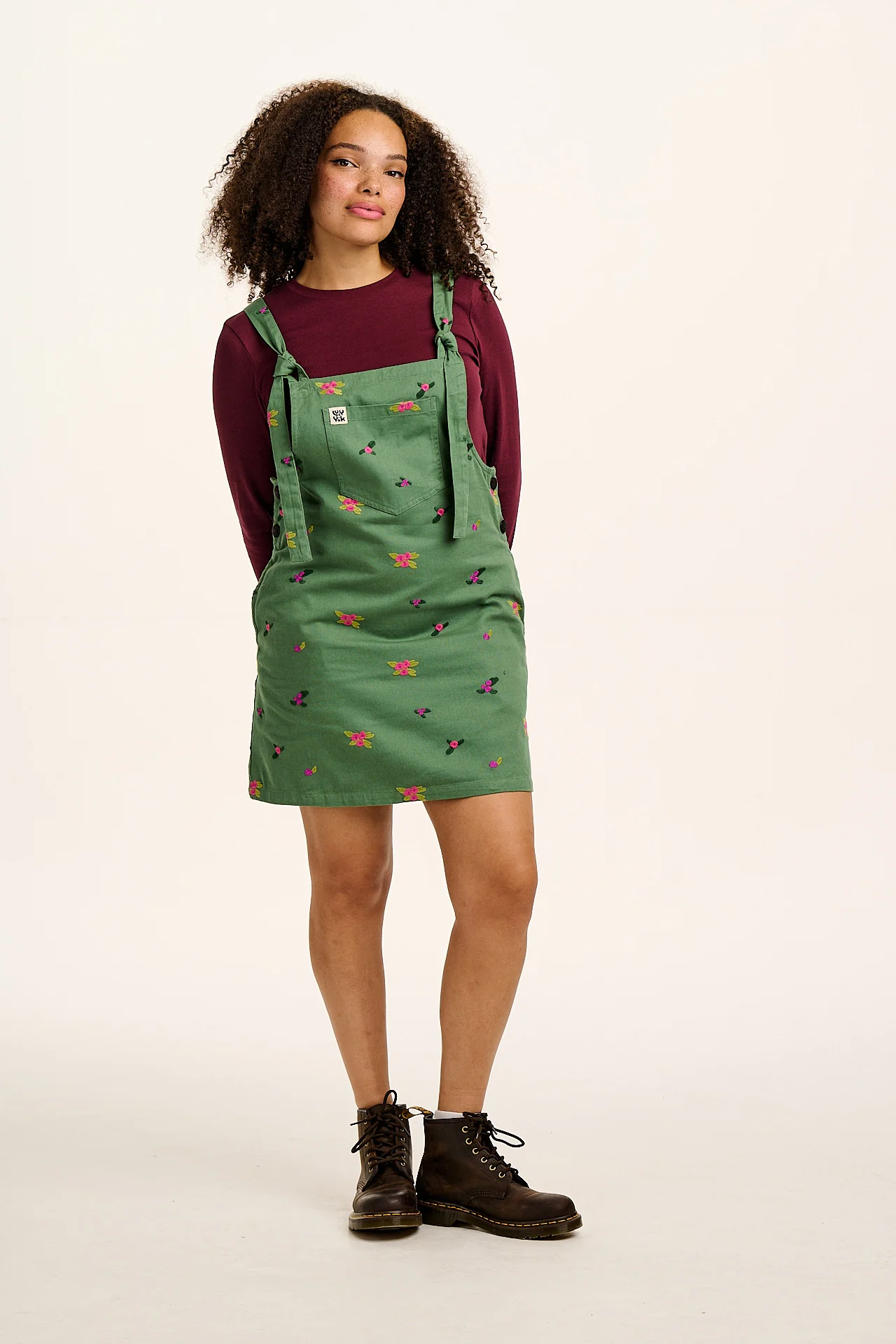 Mini Pini - Cotton Dress in Green with Floral Embroidery