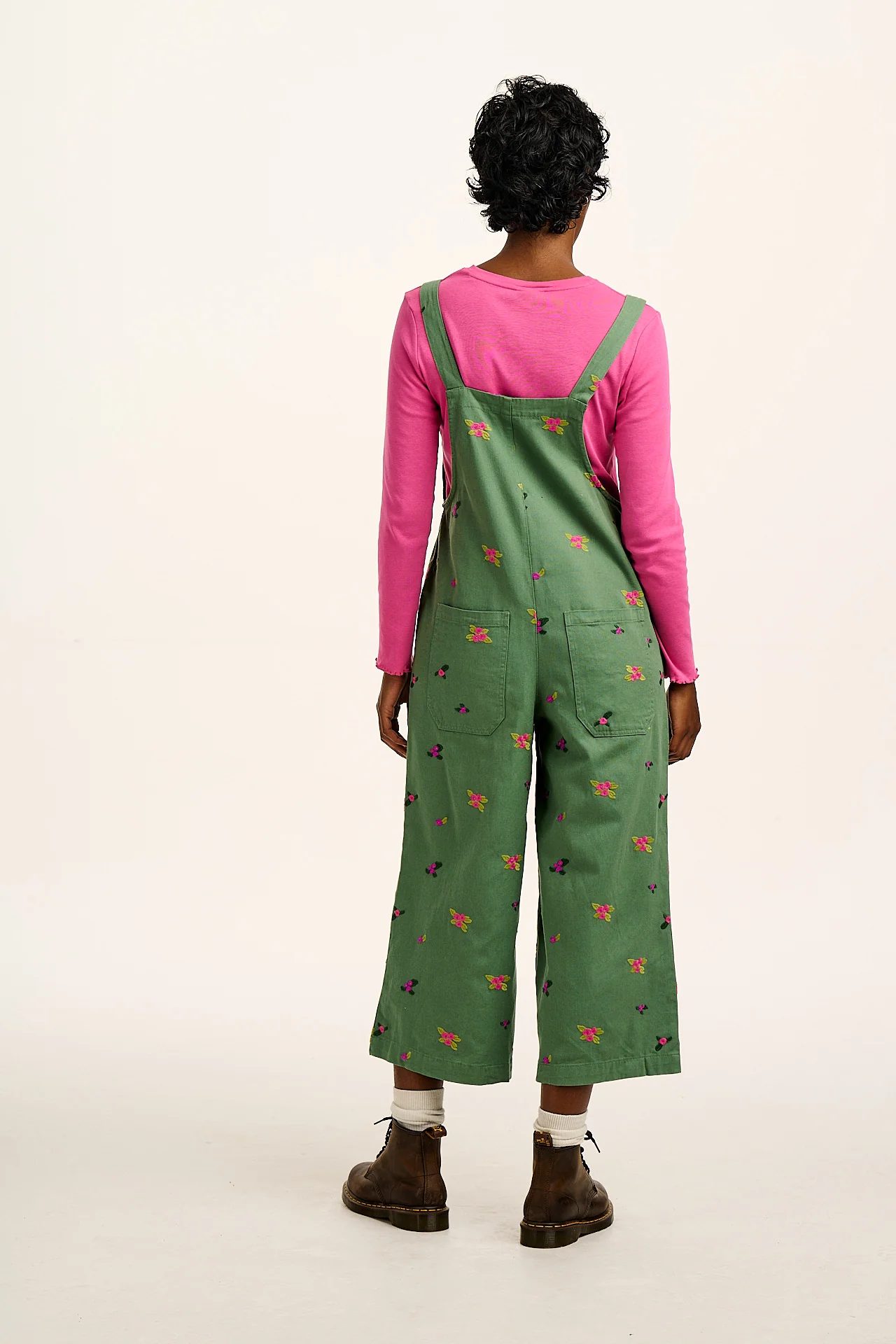Jenny -  Wide Leg Cotton Dungarees in Green with Floral Embroidery