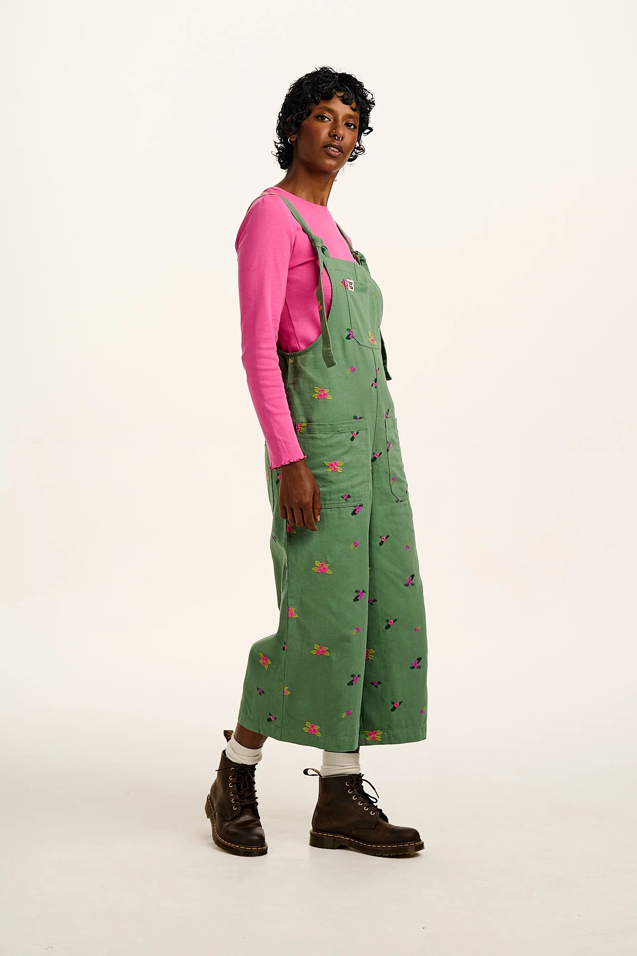 Jenny -  Wide Leg Cotton Dungarees in Green with Floral Embroidery