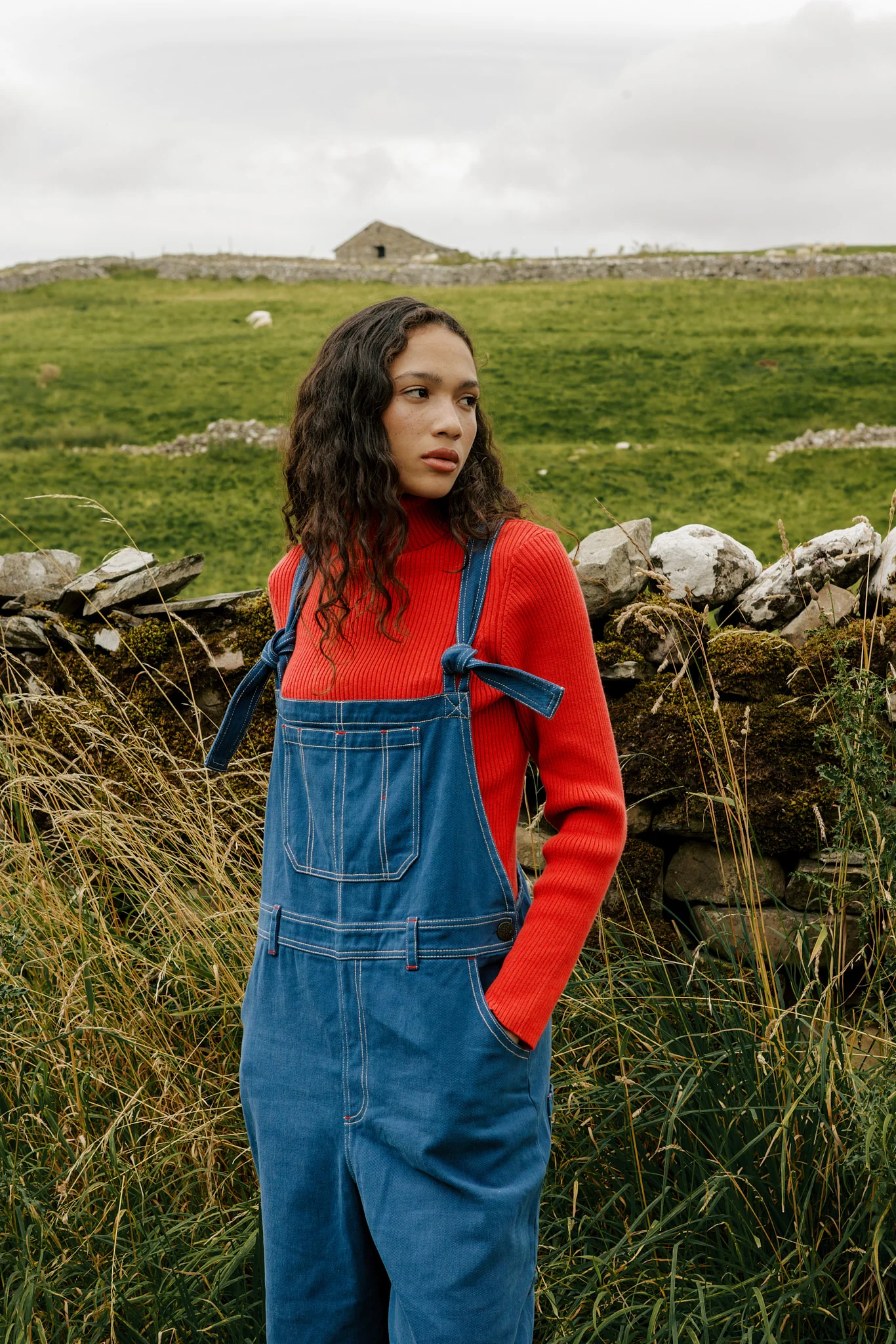 Mullen - Cotton Dungarees in Navy with Contrast Stripe