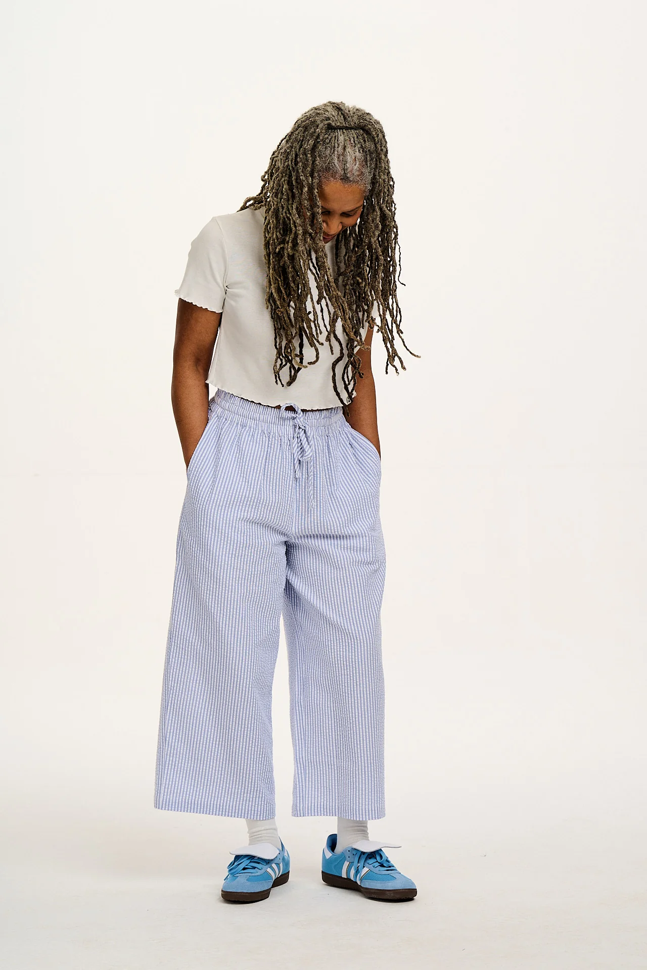 Chuck - Wide Leg Cotton Trousers in Blue Stripe