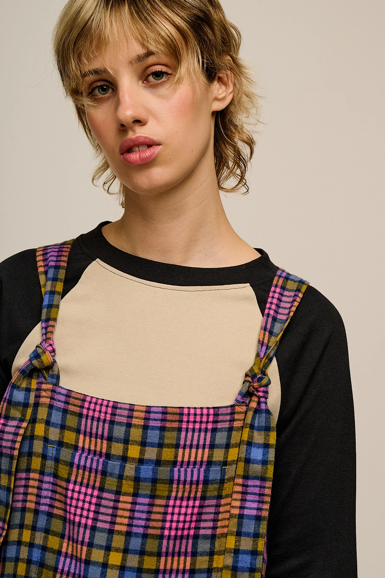Miyada - Brushed Cotton Dungarees in Grunge Purple Check