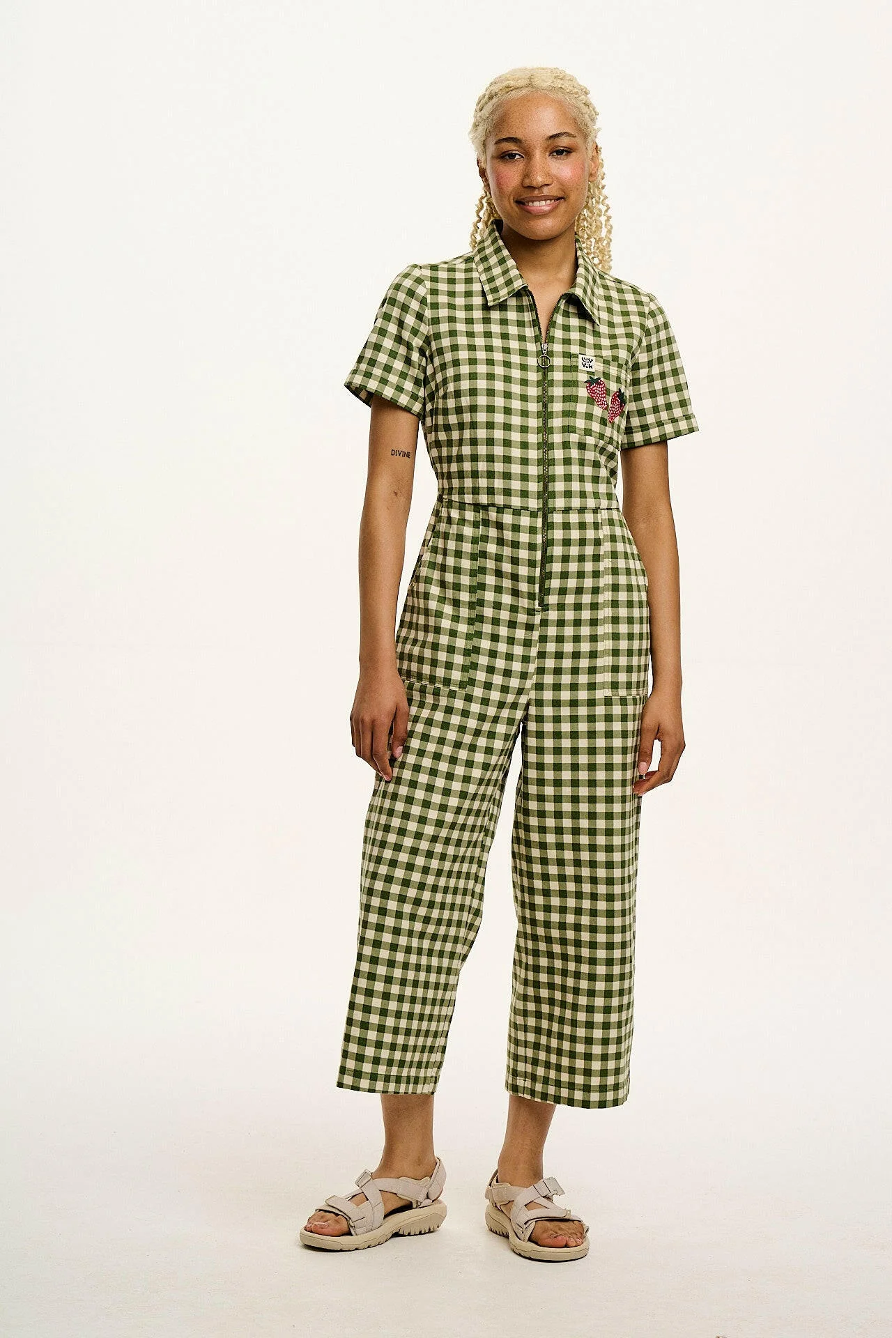 Ragan - Cotton Jumpsuit in Green Gingham with Strawberry Embroidery