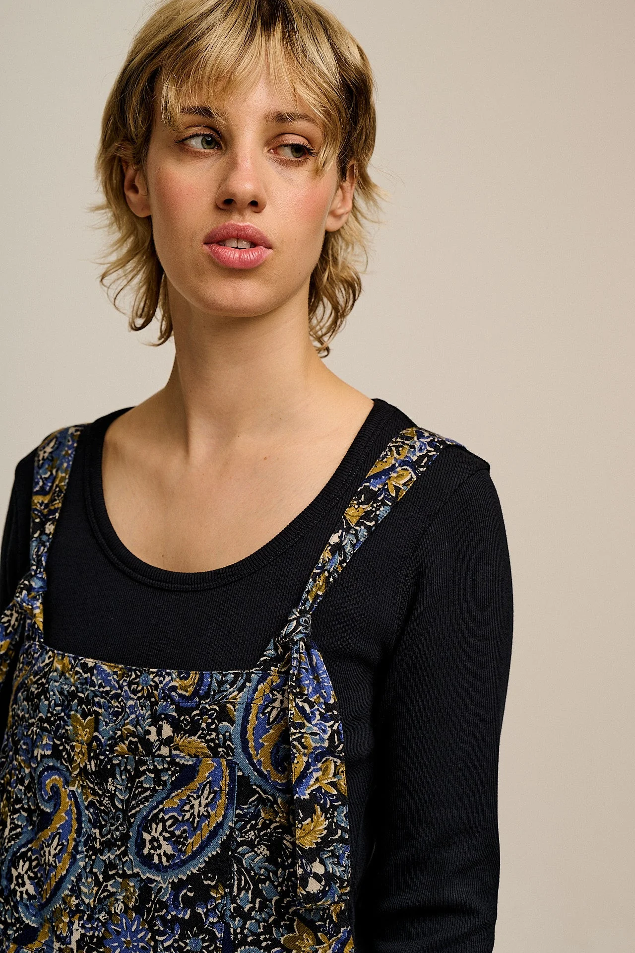 Miyada - Brushed Cotton Dungarees in Grunge Blue Paisley Print