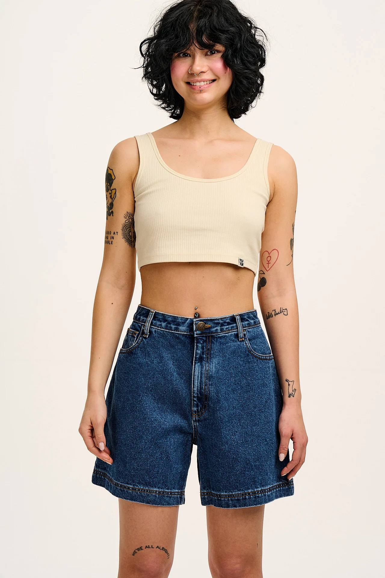Lexi - High Waist Denim Shorts in Mid Wash Blue