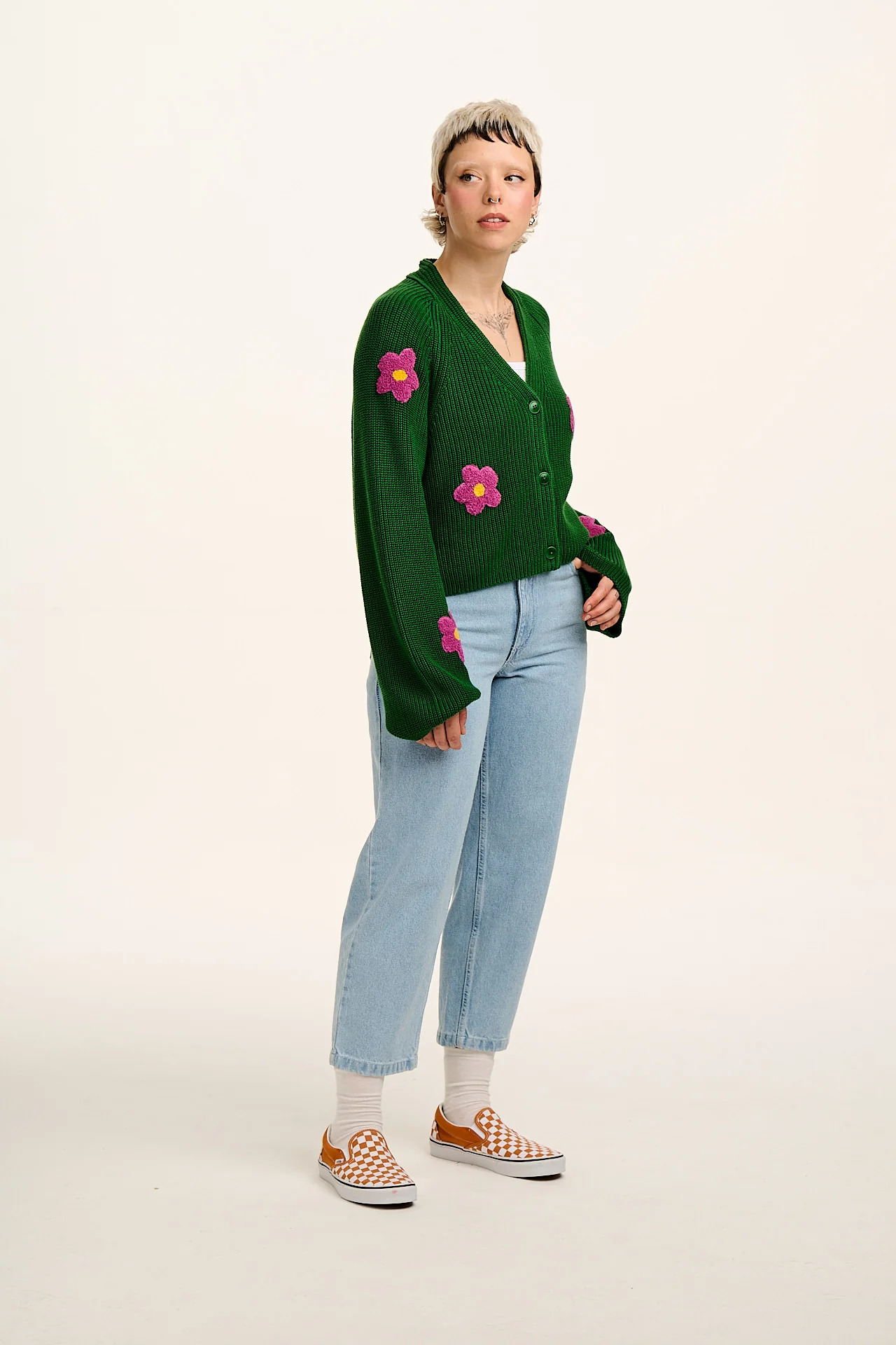 Robyn - V-Neck Cotton Cardigan in Green with Bubble Floral Motif