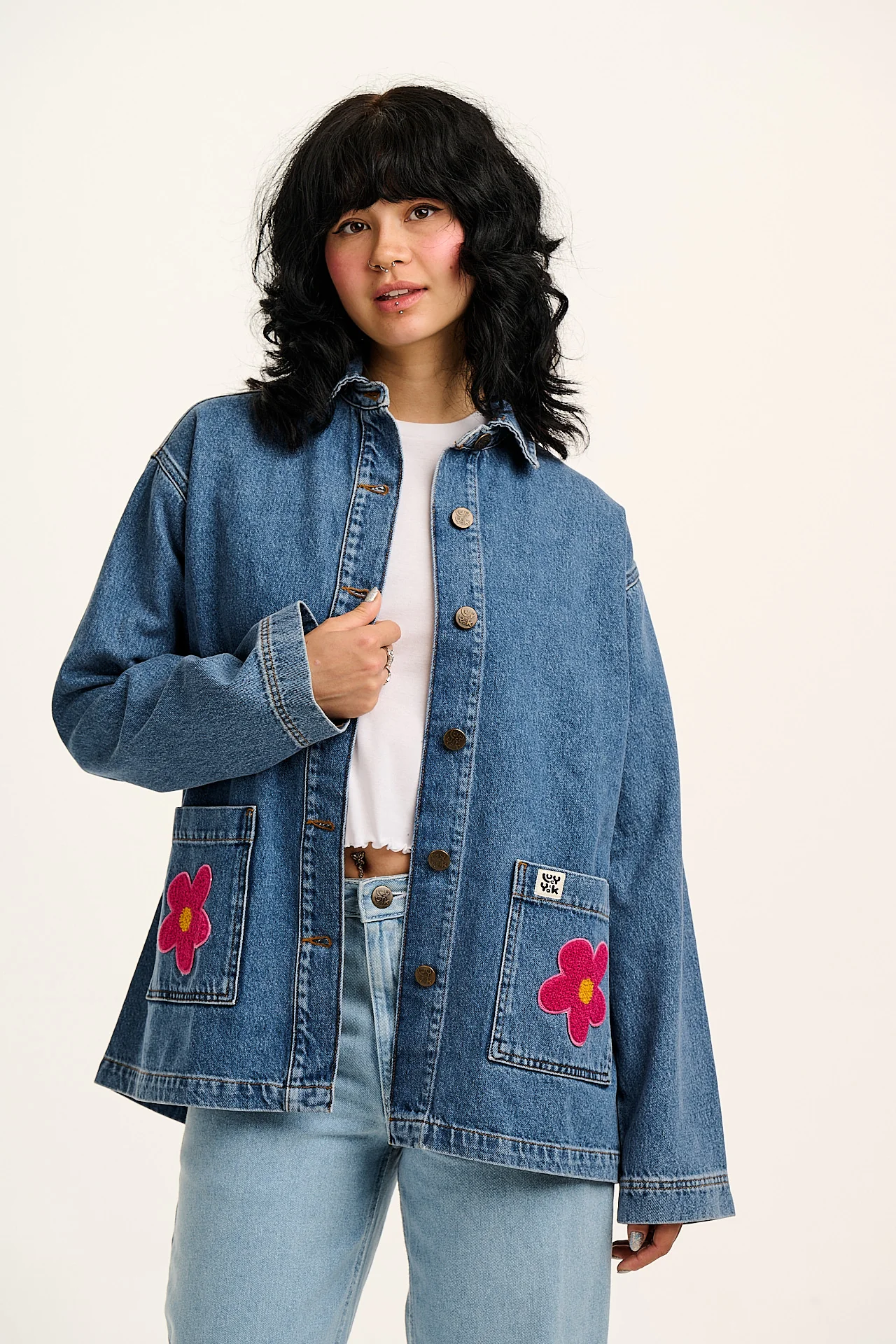 Olly - Denim Jacket in Mid Wash Blue with Pink Flower Motif