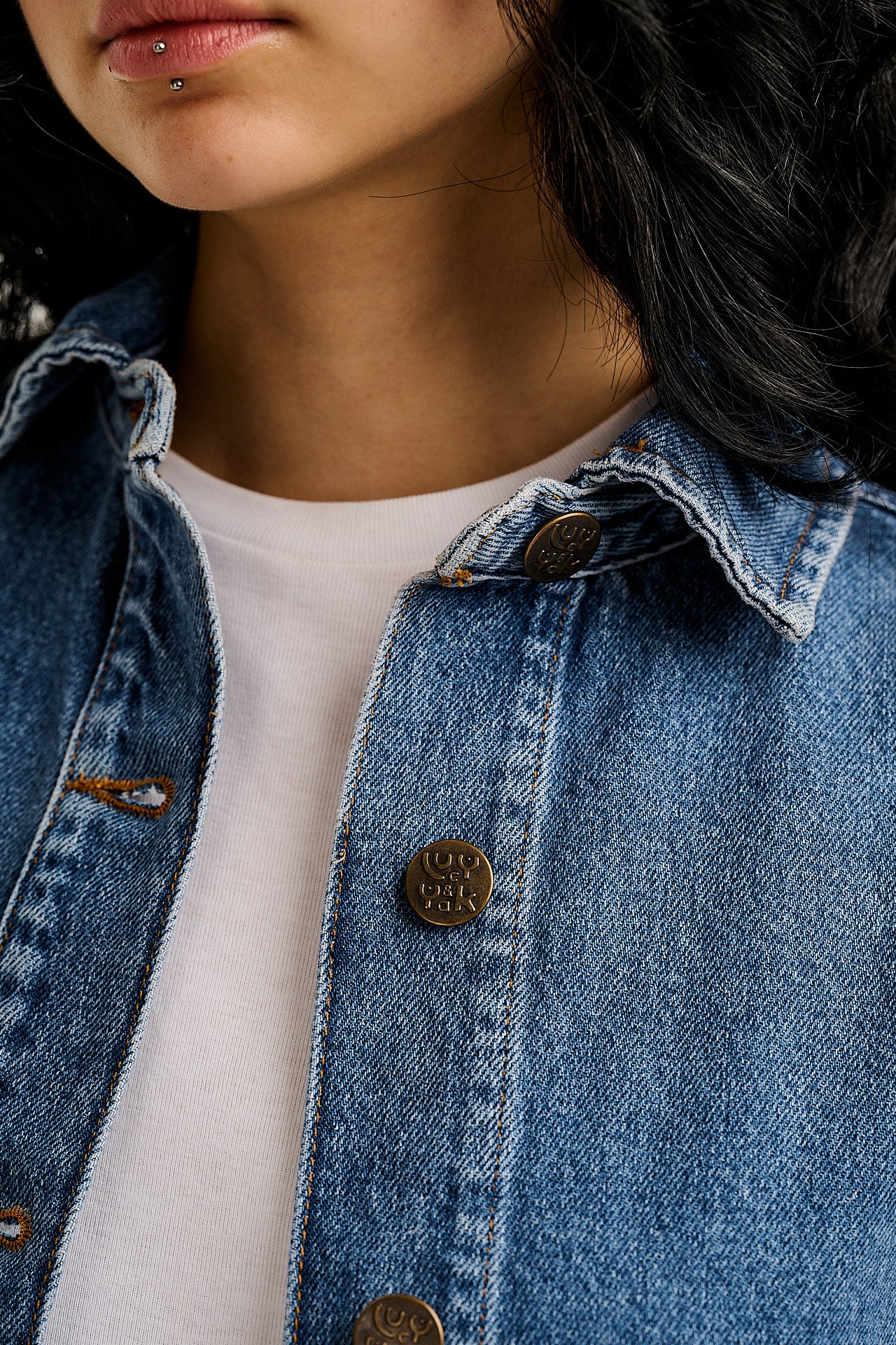 Olly - Denim Jacket in Mid Wash Blue with Pink Flower Motif