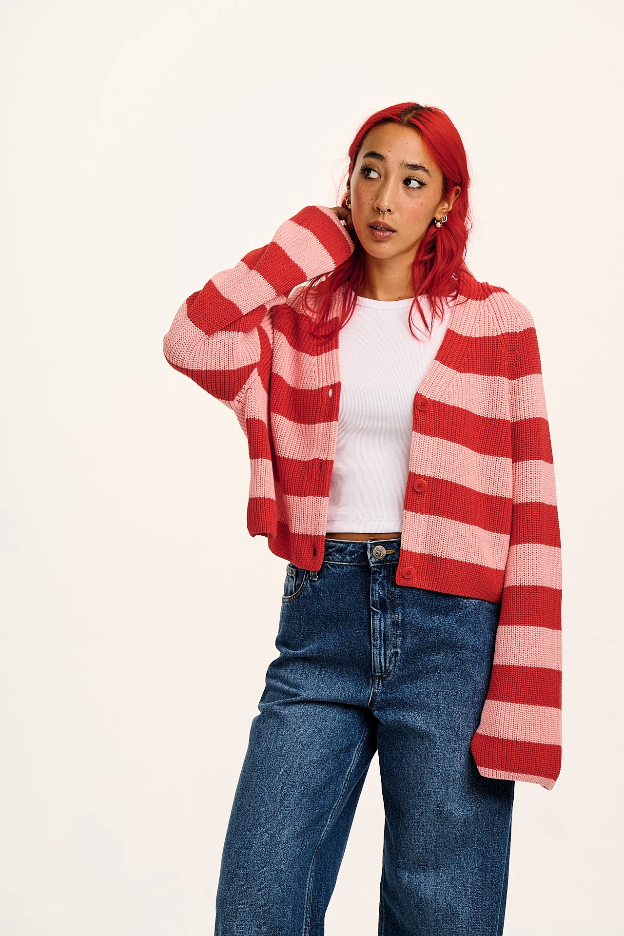 Robyn - V-Neck Cotton Cardigan in Pink & Red Stripe