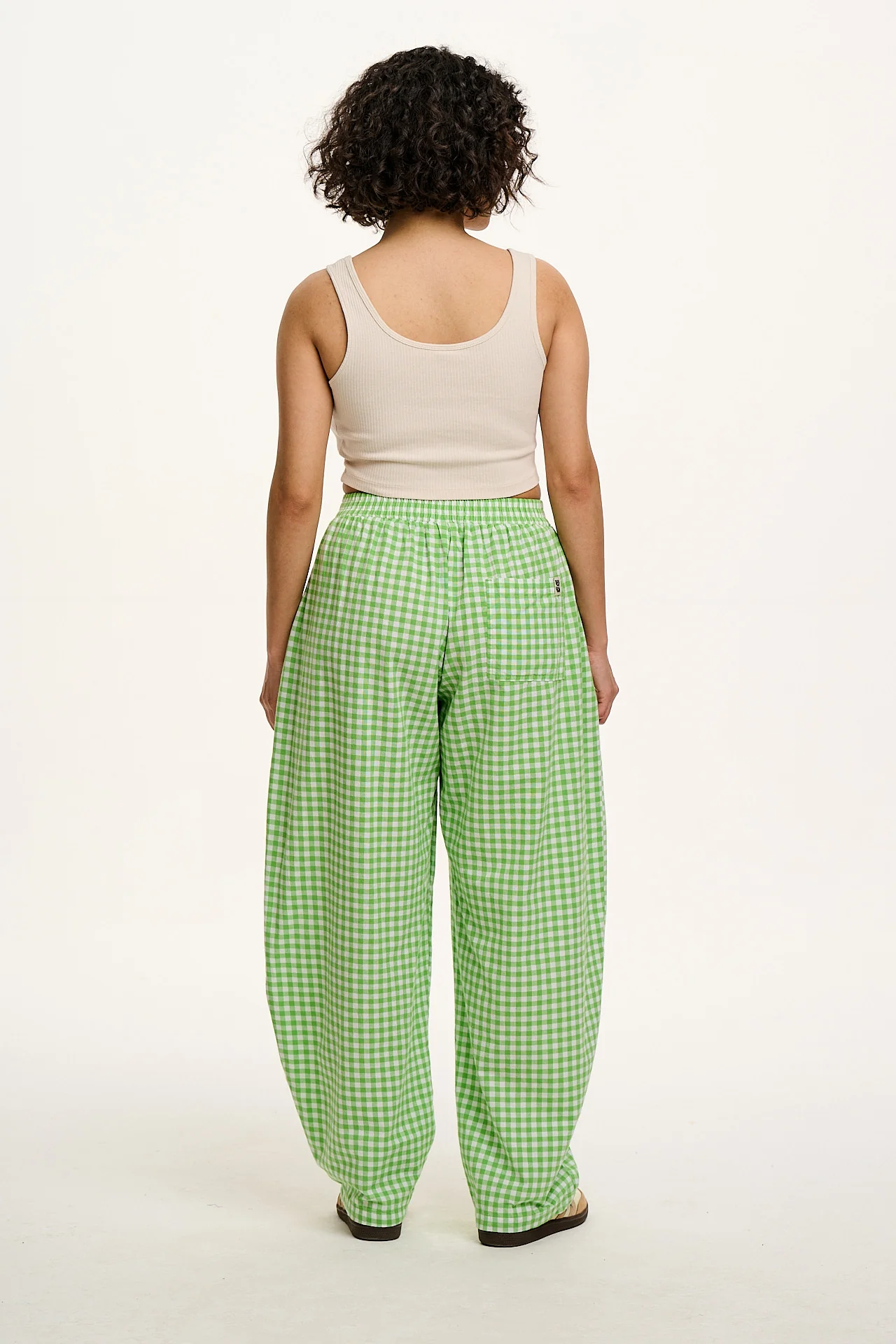 Freddie - Barrel Leg Cotton Trousers in Green Bonitto Gingham