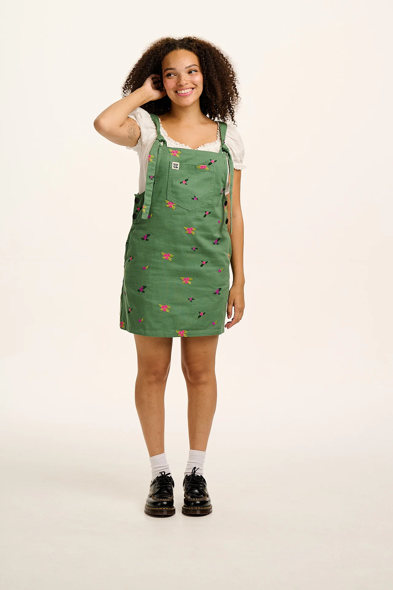 Mini Pini - Cotton Dress in Green with Floral Embroidery