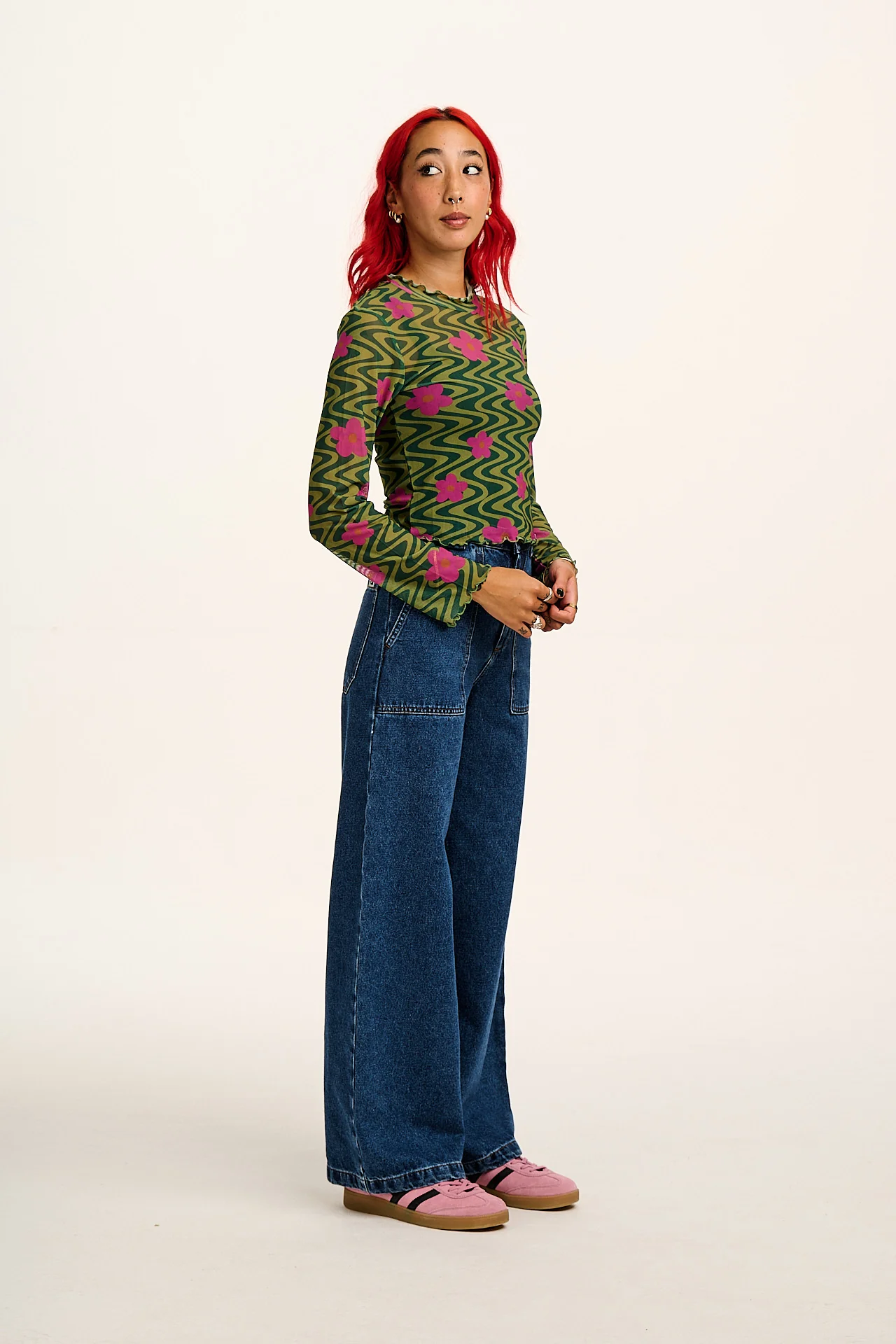 Perrie - Long Sleeve Mesh Top in Green Floral Swirl Print