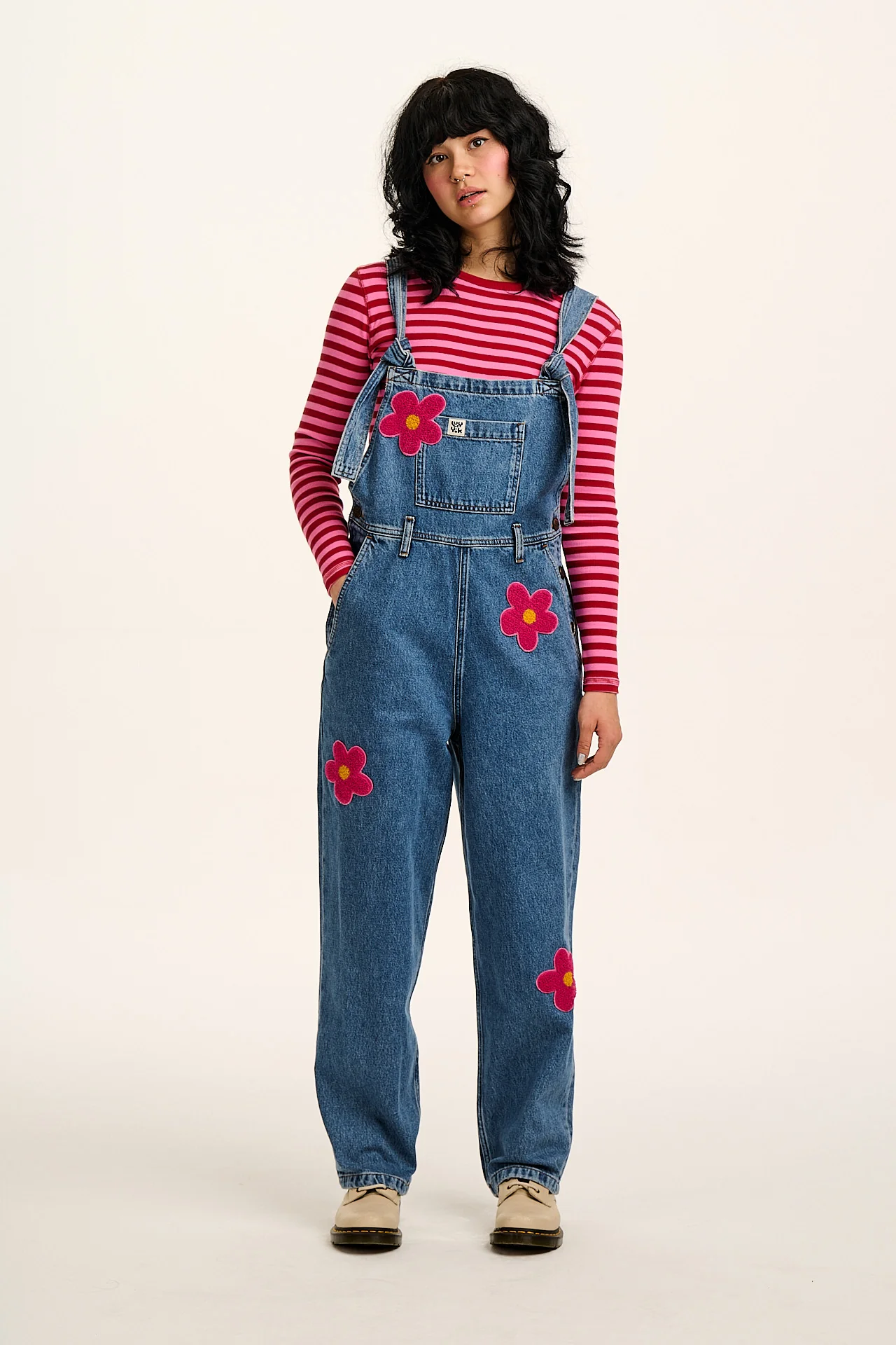 Easton - Denim Dungarees in Mid Wash Blue with Pink Flower Motif