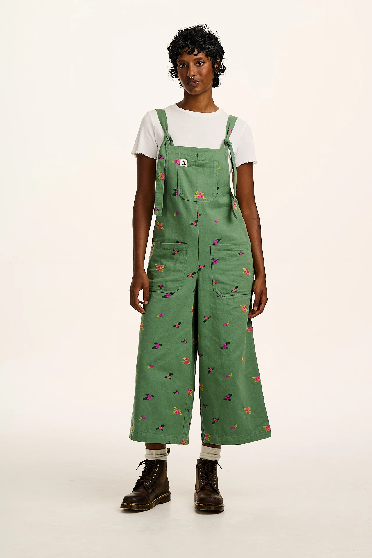 Jenny -  Wide Leg Cotton Dungarees in Green with Floral Embroidery