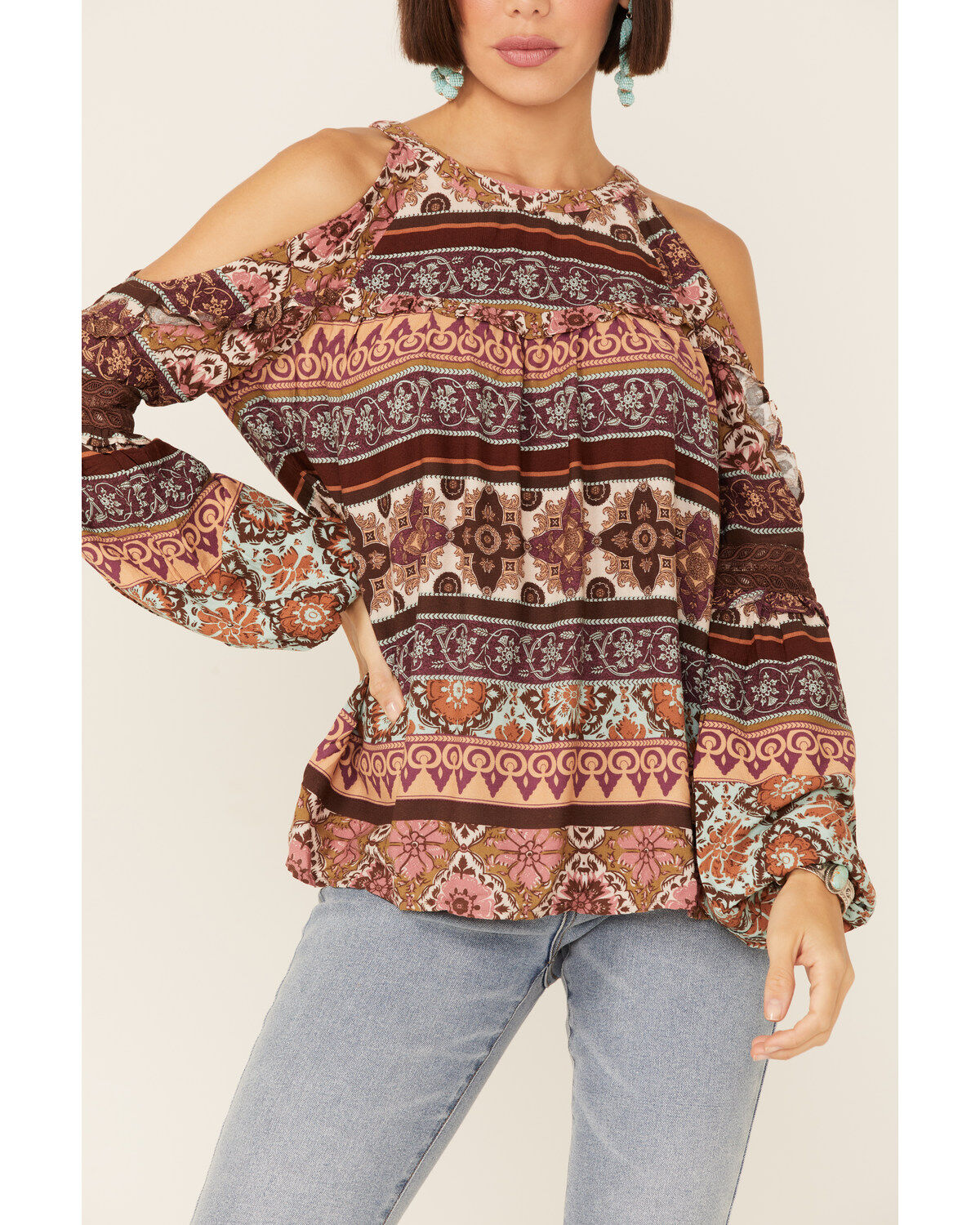 Miss Me Women's Vertical Print Cold Shoulder Bell Sleeve Woven Top