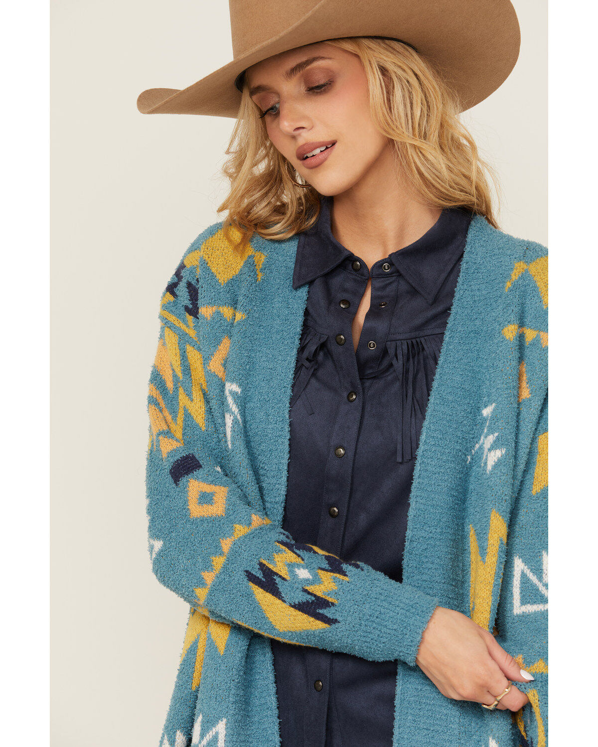 Angie Women's Southwestern Print Open Front Sweater