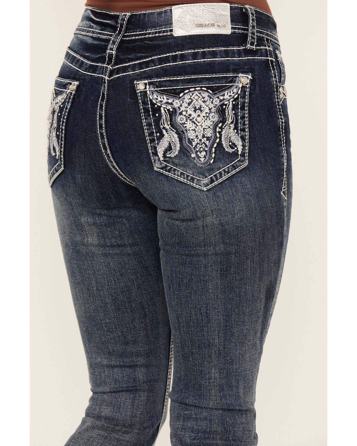 Grace In LA Women's Medium Wash Sequin Cow Skull Mid Rise Bootcut Stretch Denim Jeans