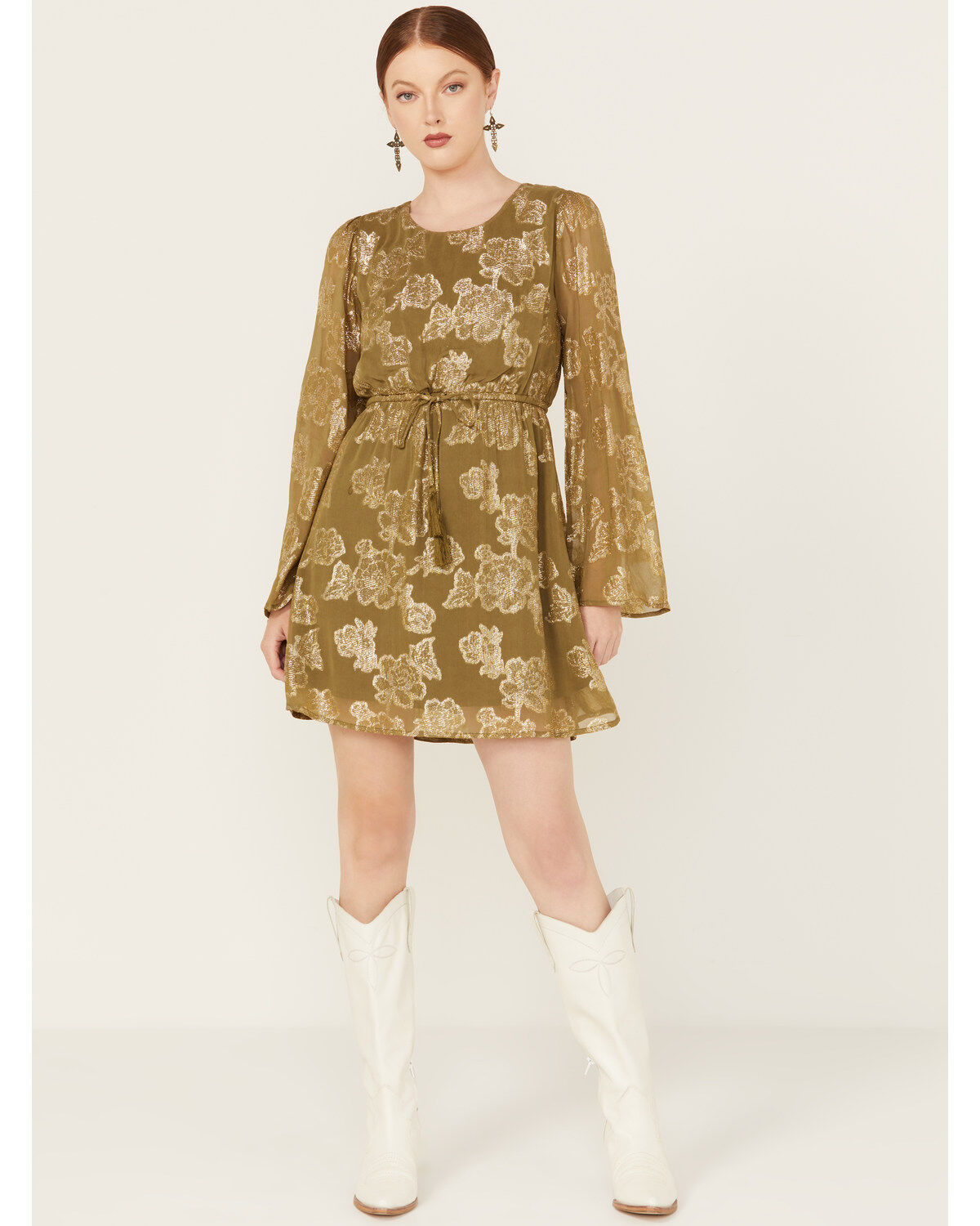 En Creme Women's Floral Metallic Long Sleeve Mini Dress