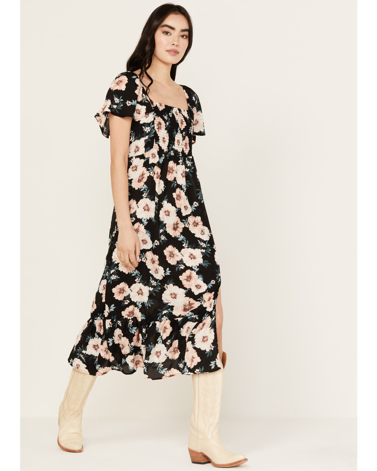 Wild Moss Women's Smocked Front Floral Midi Dress