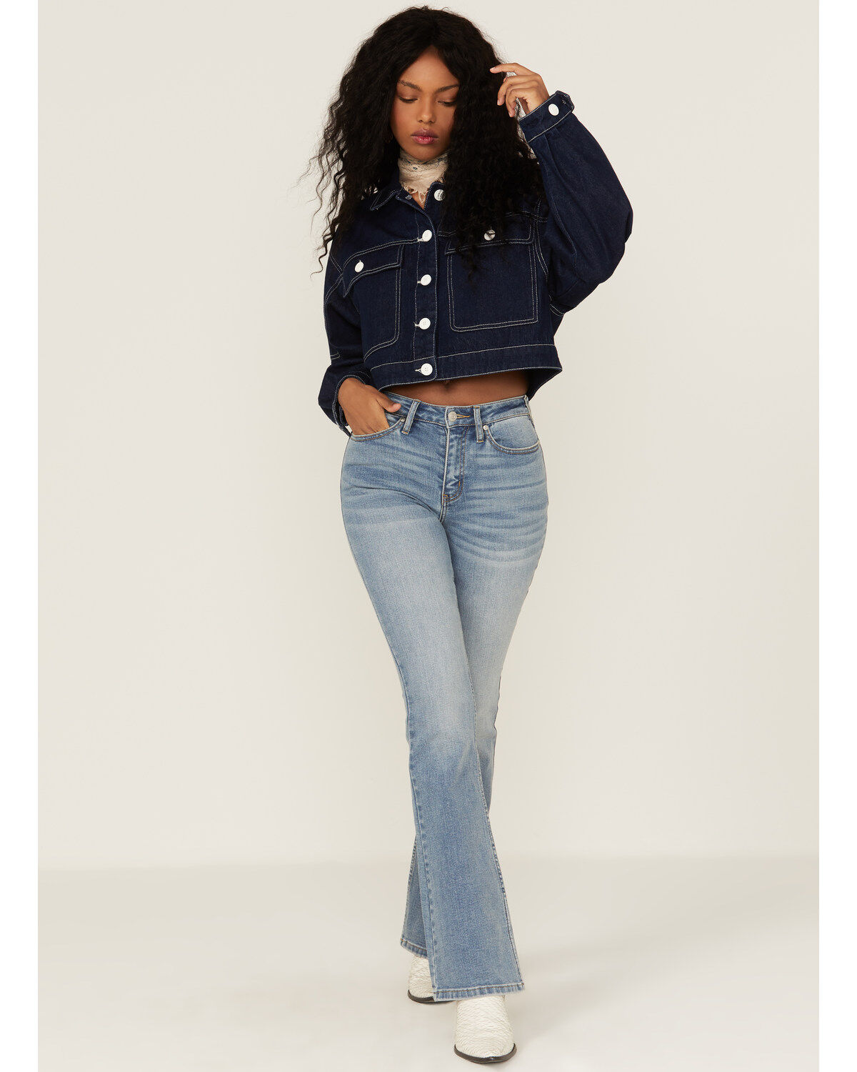 Unpublished Denim Women's Dark Wash Oversized Cropped Button Down Jacket