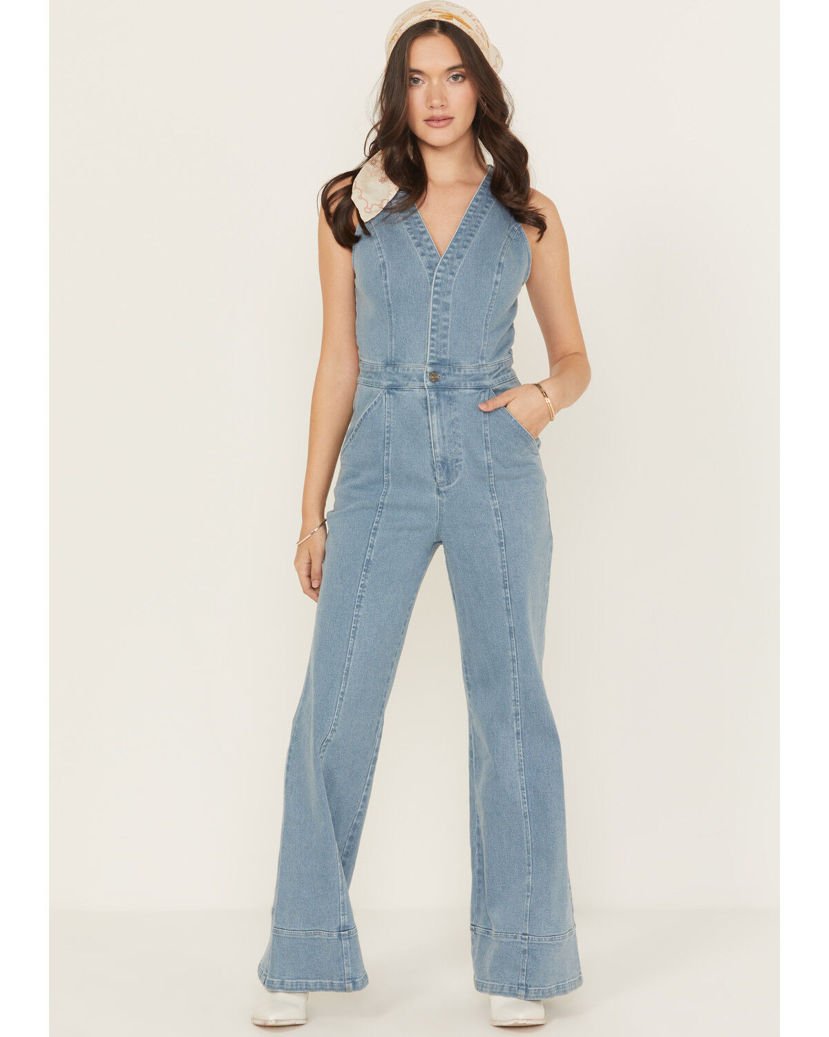 Flying Tomato Women's Light Wash Open Back Denim Jumpsuit