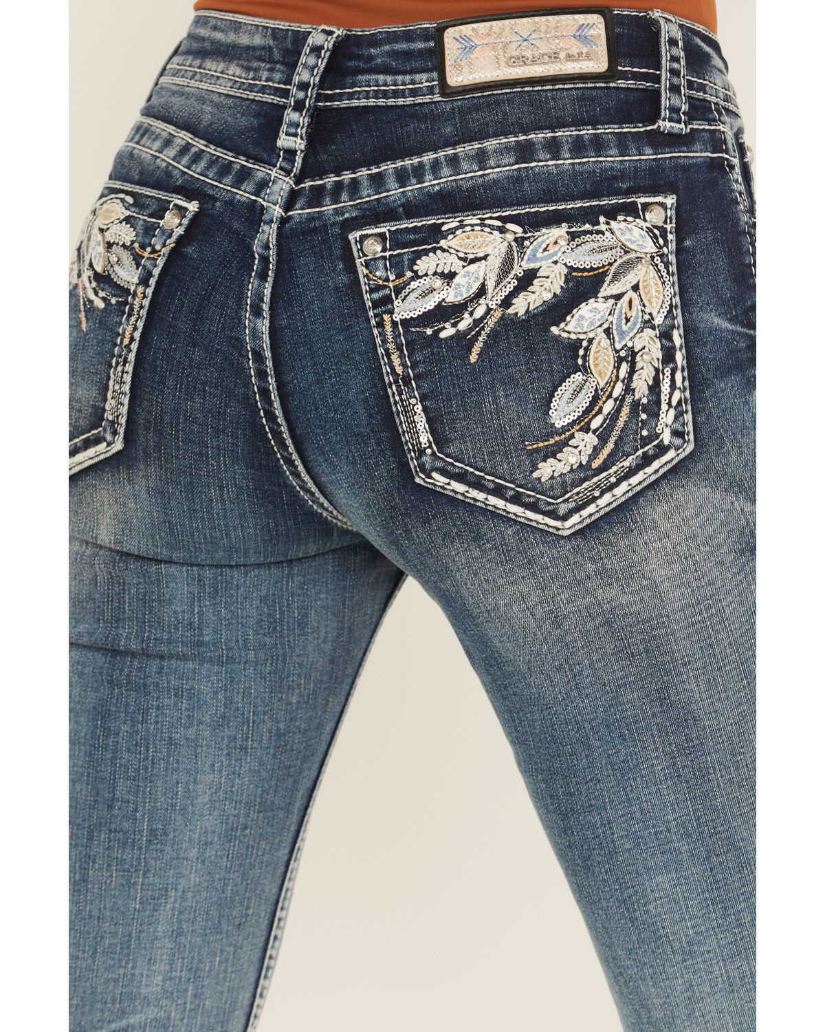 Grace in LA Women's Medium Wash Floral Embroidered Mid Rise Bootcut Stretch Denim Jeans