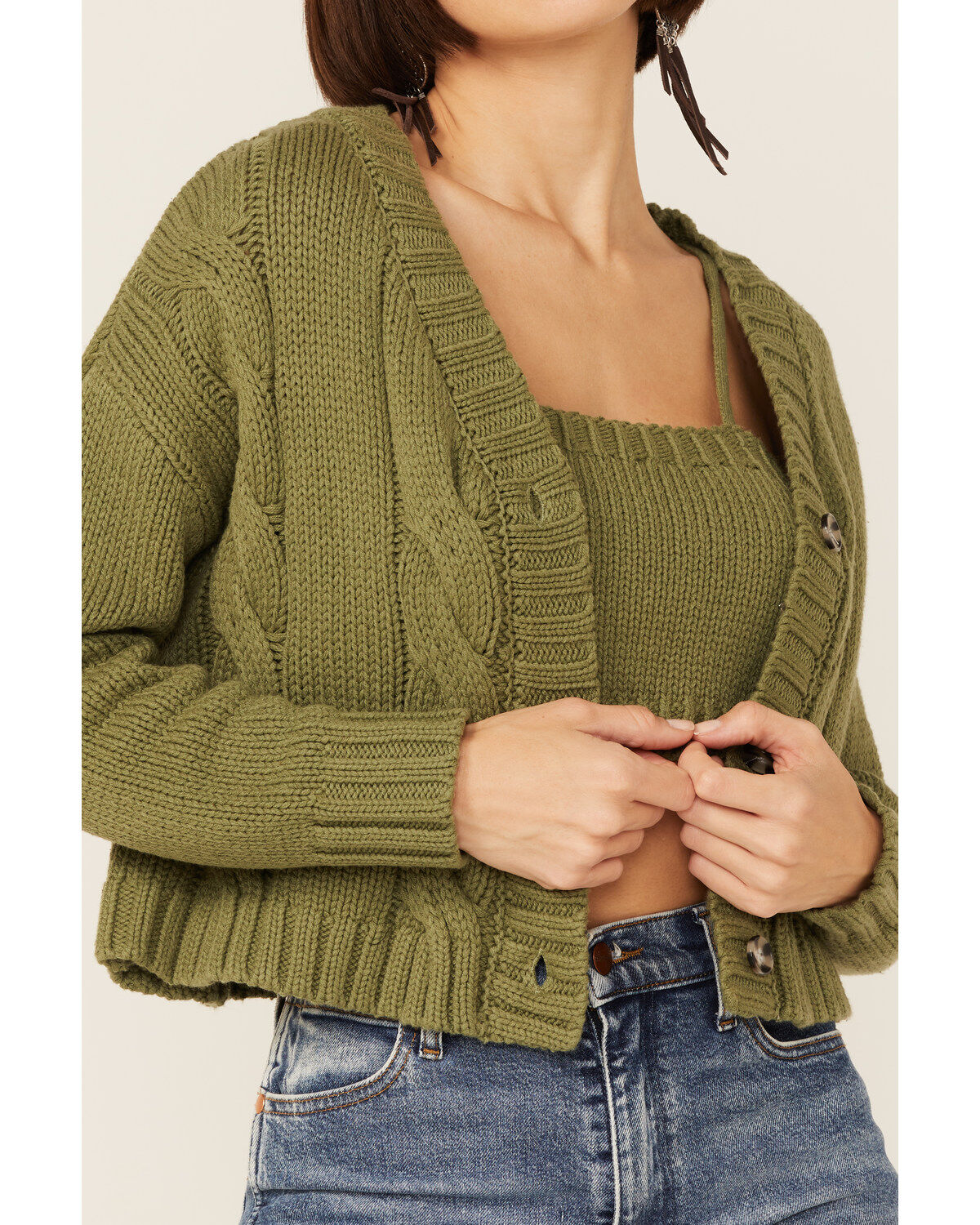 Callahan Women's Sage Olive Cable Lu Cardigan & Tank Set