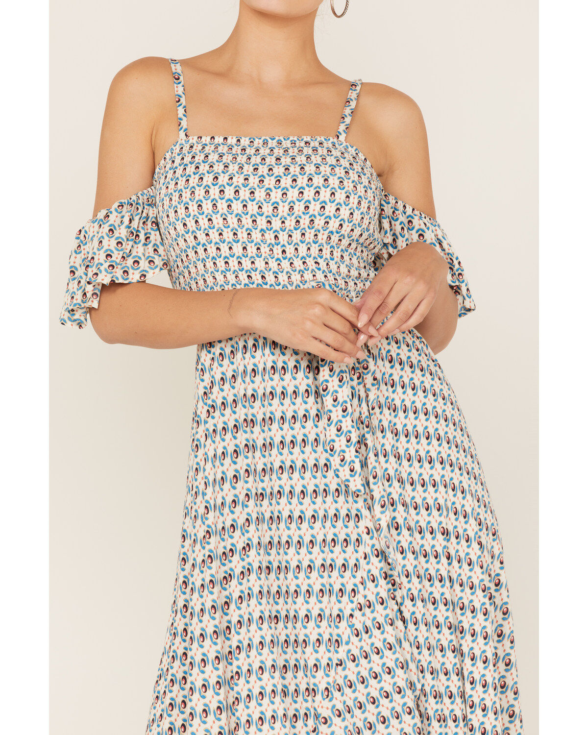 Band of the Free Women's Prism Geo Print Off Shoulder Smocked Wrap Midi Dress