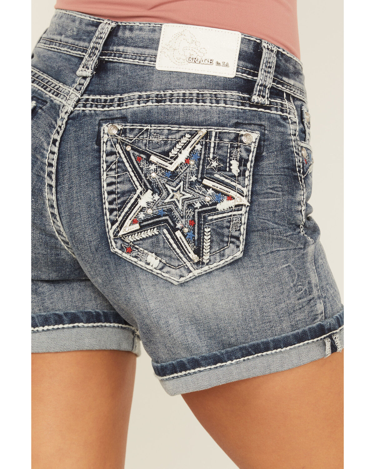 Grace In LA Women's Light Wash Mid Rise Americana Stretch Denim Jeans