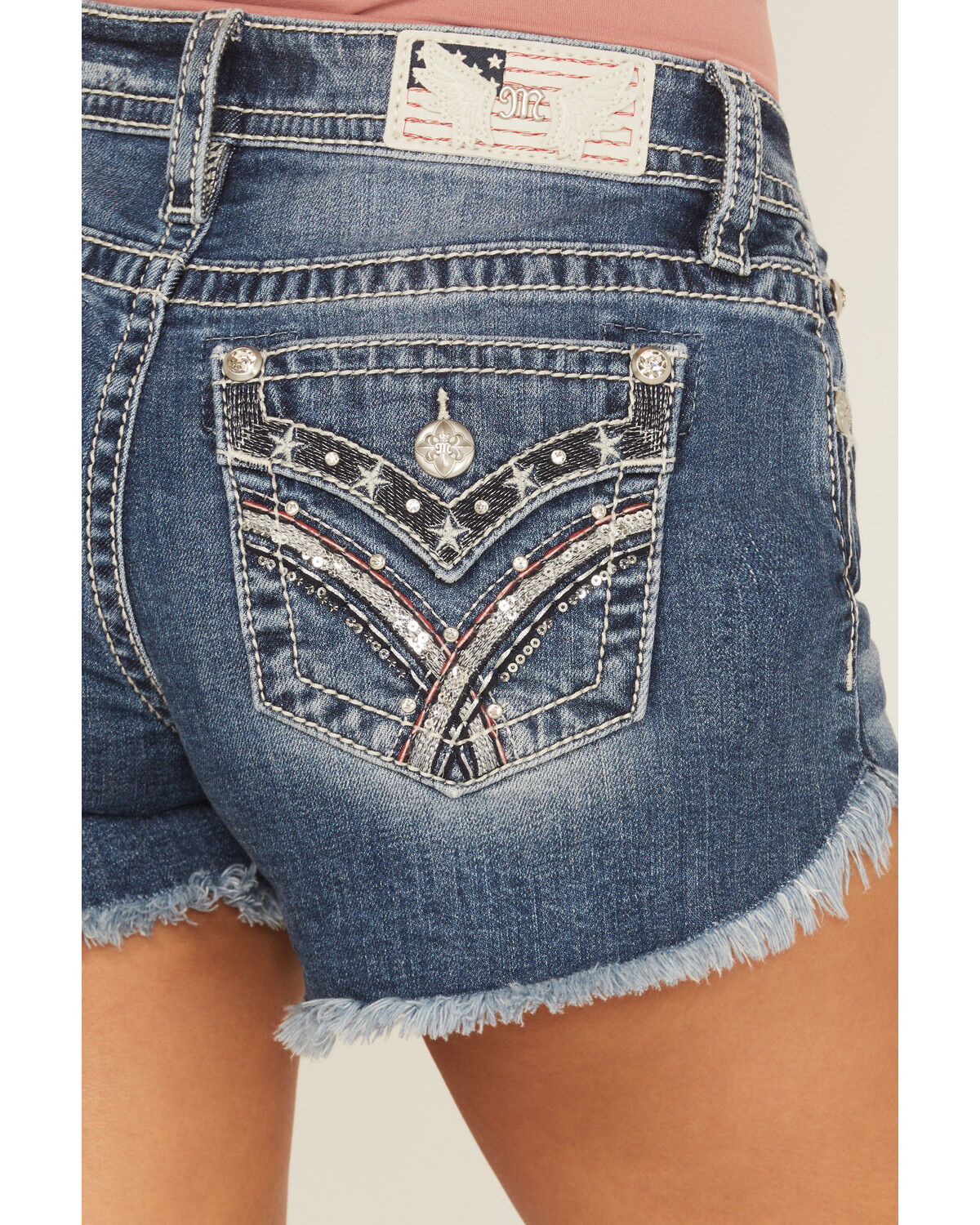 Miss Me Women's Medium Wash Mid Rise Americana Denim Shorts