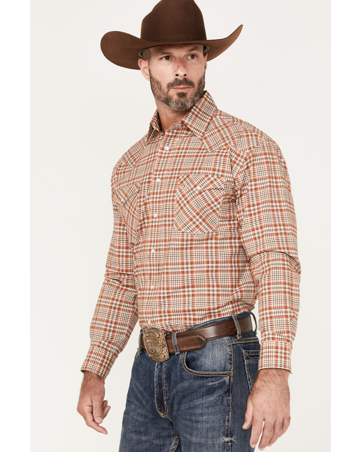 Rough Stock by Panhandle Men's Plaid Print Long Sleeve Pearl Snap Western Shirt