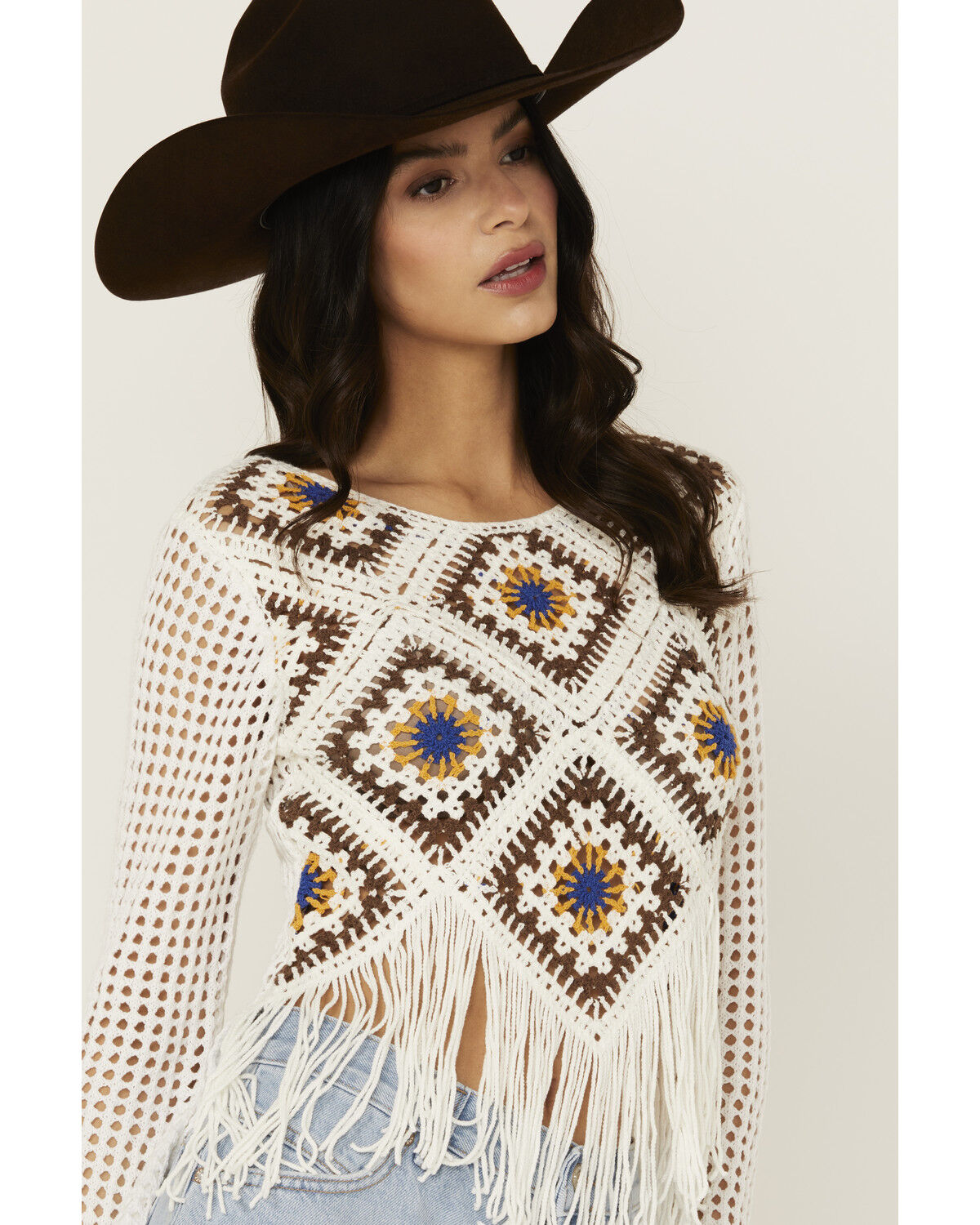 Wild Moss Women's Geo Print Crochet Long Sleeve Top