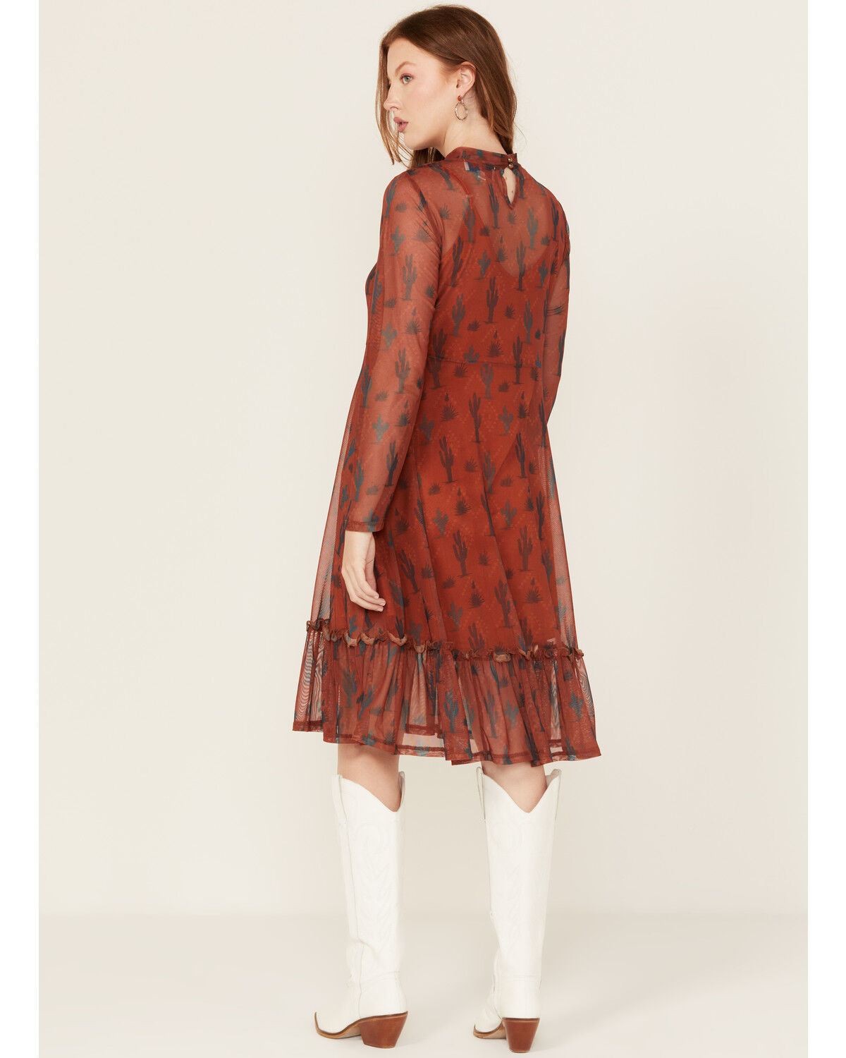 Panhandle Women's Cactus Print Long Sleeve Mesh Midi Dress