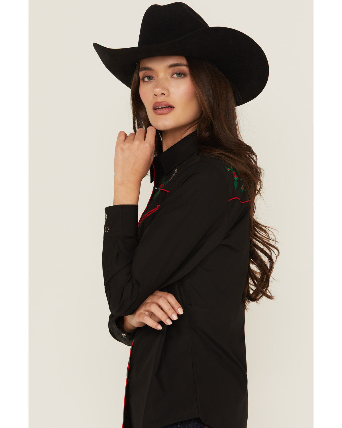 Rodeo Clothing Women's Rose Embroidered Long Sleeve Snap Western Shirt