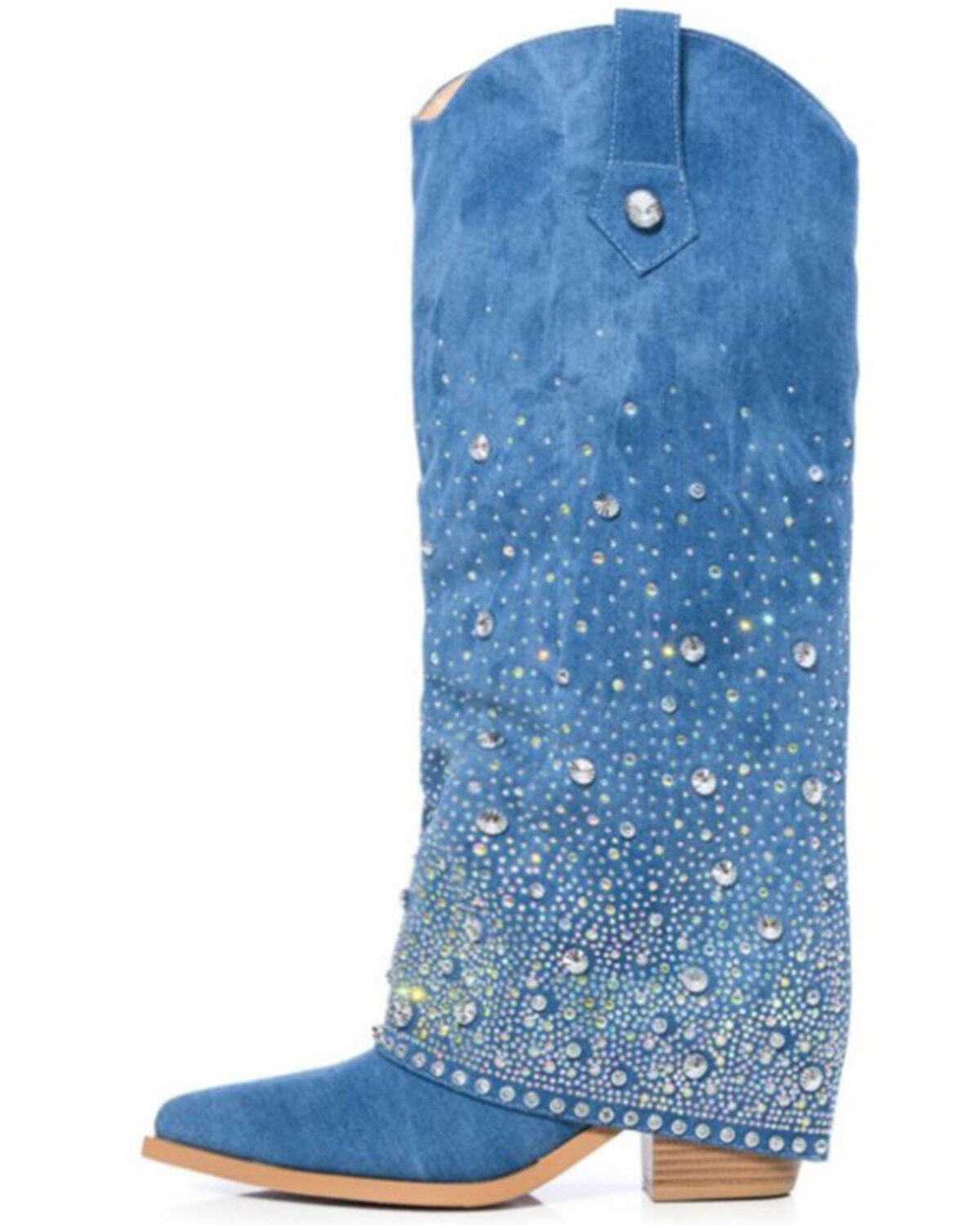 Azalea Wang Women's Mellow Embellished Denim Tall Boots - Snip Toe