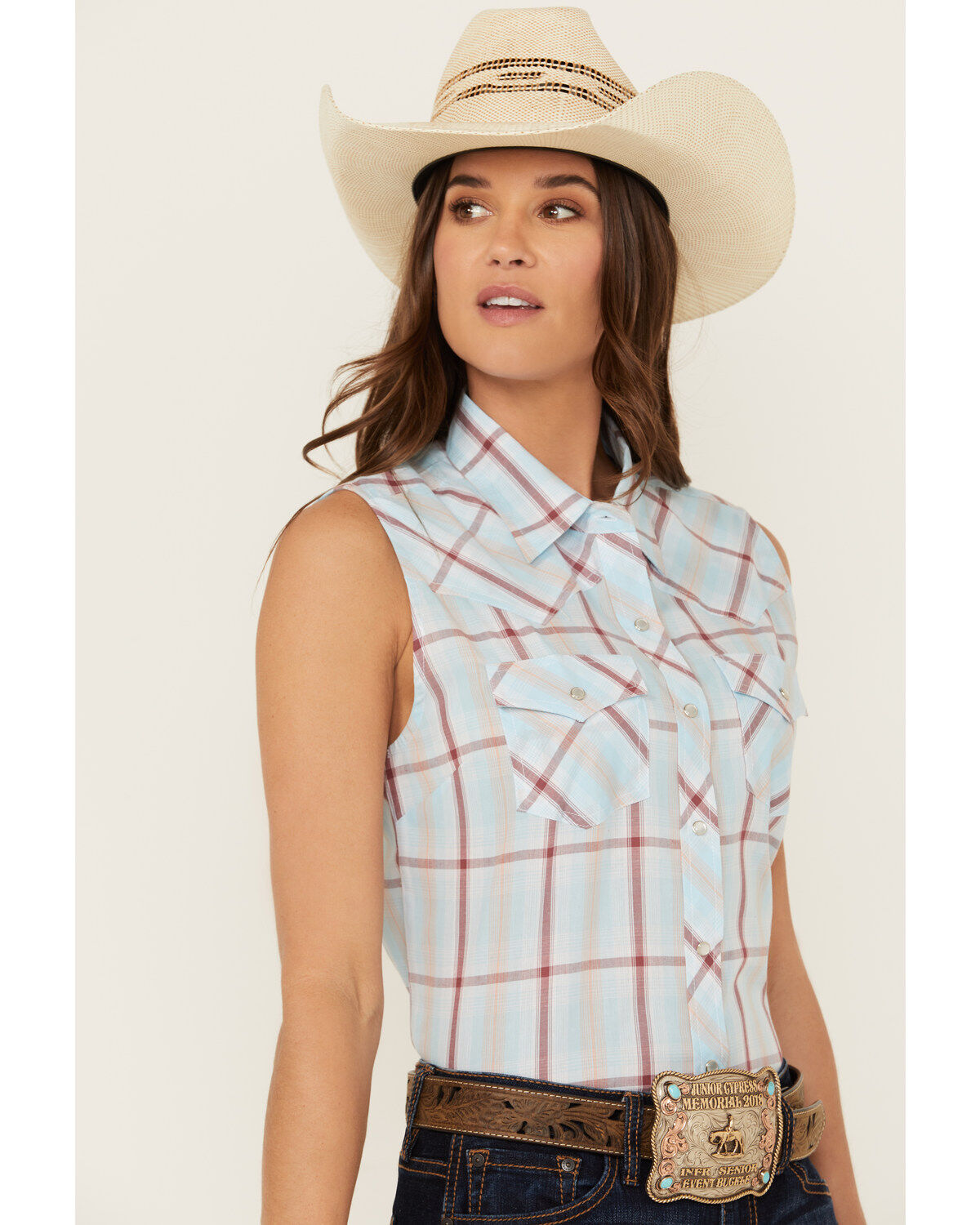 Ely Walker Women's Plaid Print Sleeveless Pearl Snap Western Shirt