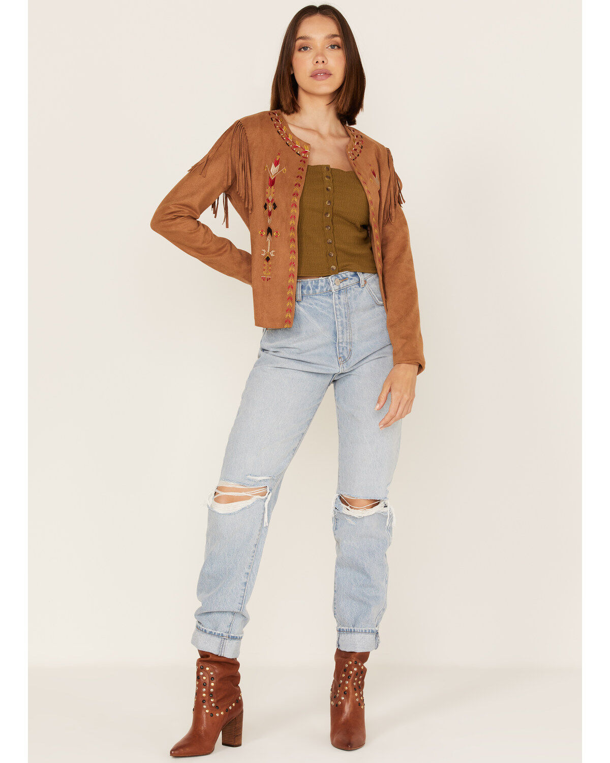 Fornia Women's Faux Suede Fringe Open Jacket