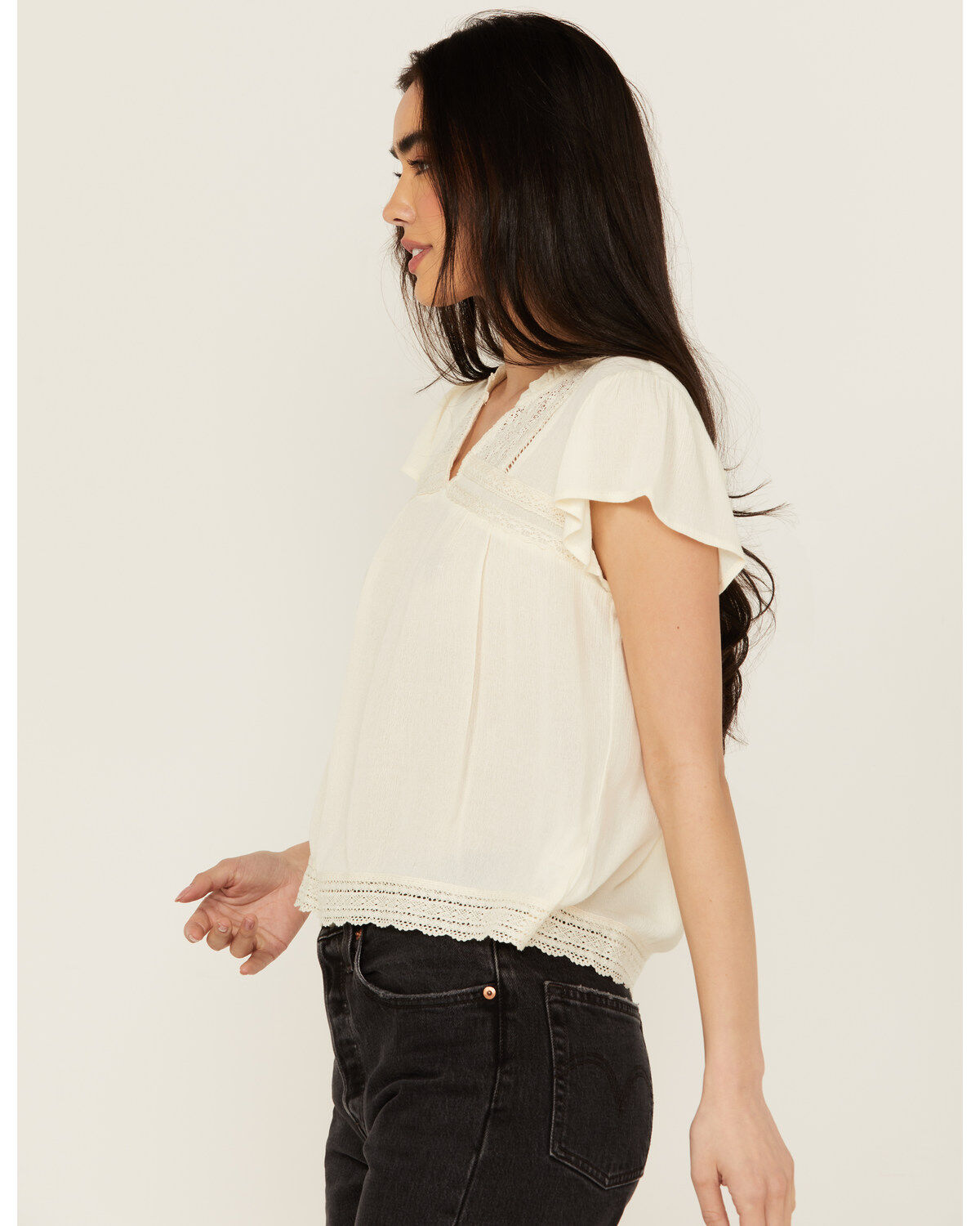 Jolt Women's Lace Trim Flutter Short Sleeve Top