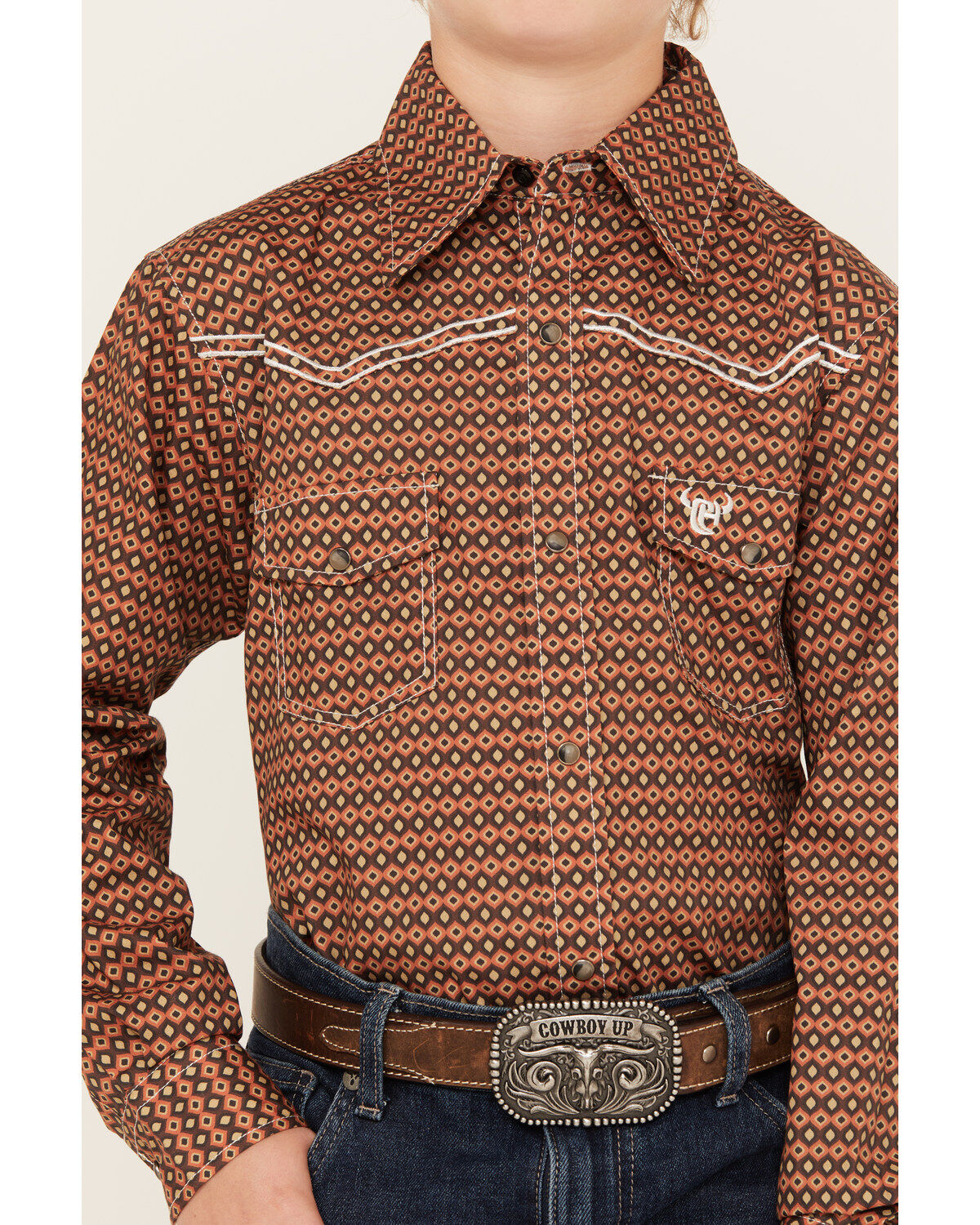 Cowboy Hardware Boys' Curvy Diamond Print Long Sleeve Snap Western Shirt