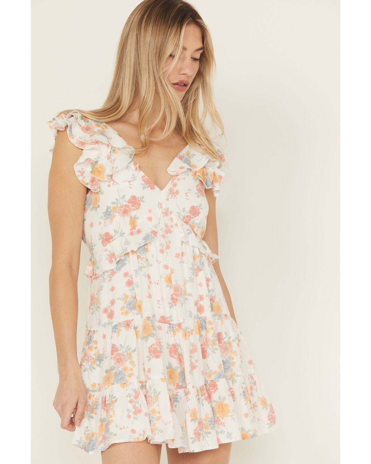 Trixxi Women's Floral Print Ruffle Trim Mini Dress