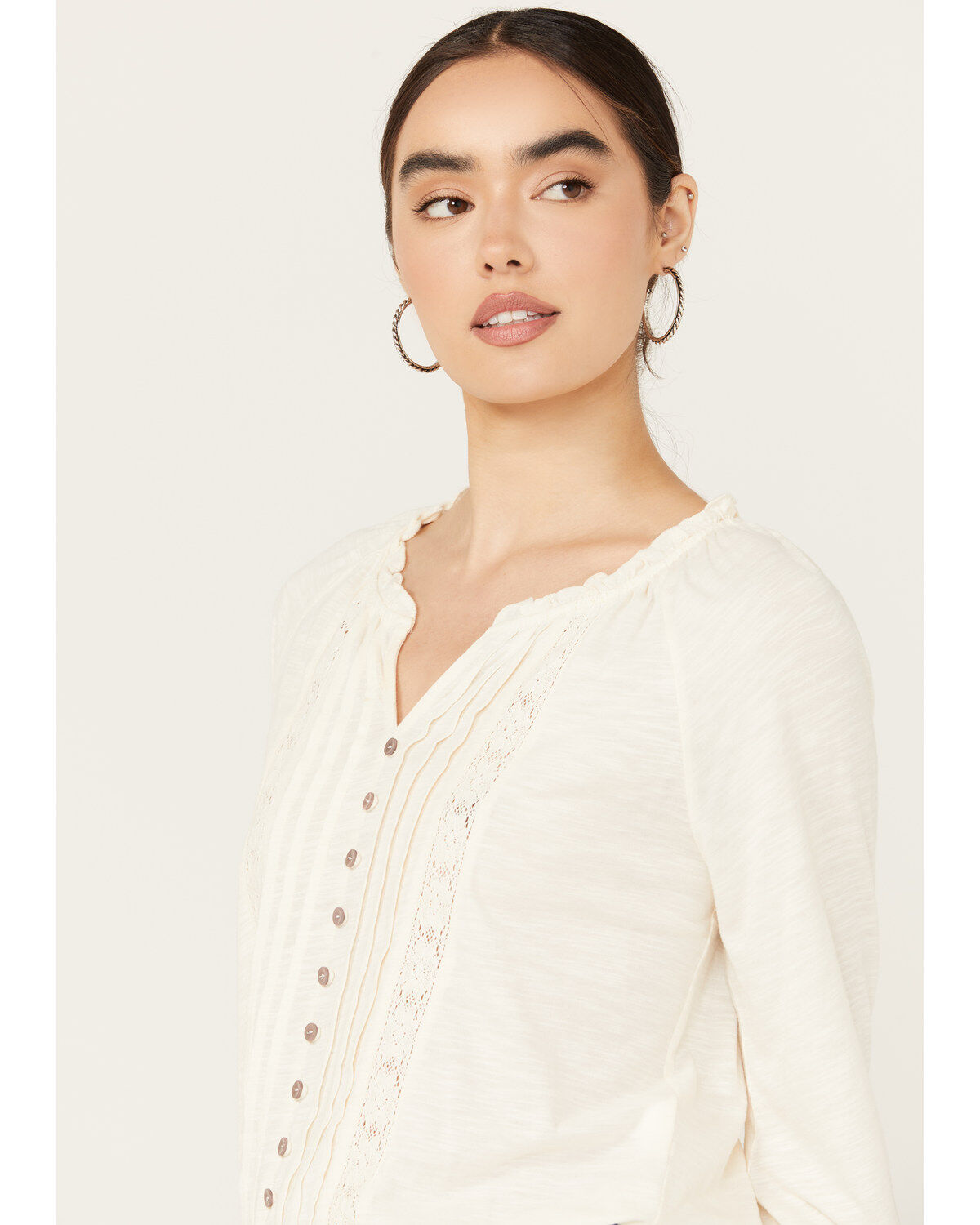 Jolt Women's Egret Lace Trim Button Down Long Sleeve Top