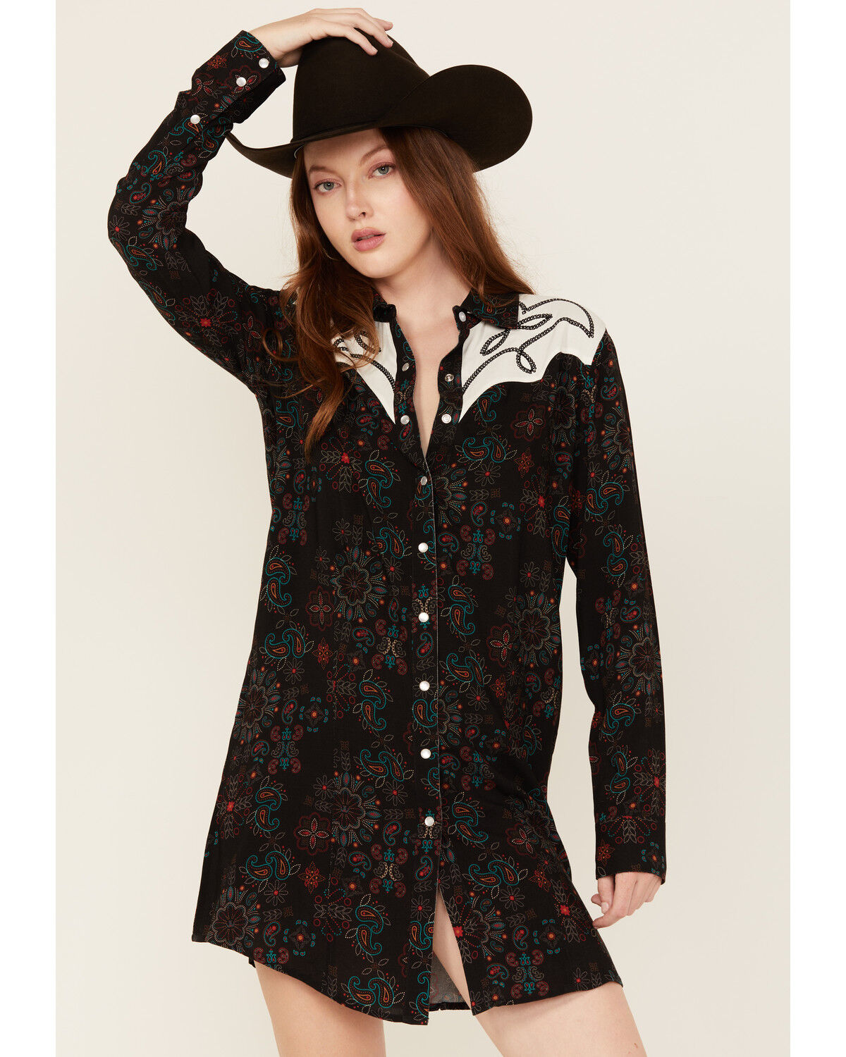 Panhandle Women's Floral Print Embroidered Long Sleeve Snap Western Mini Dress