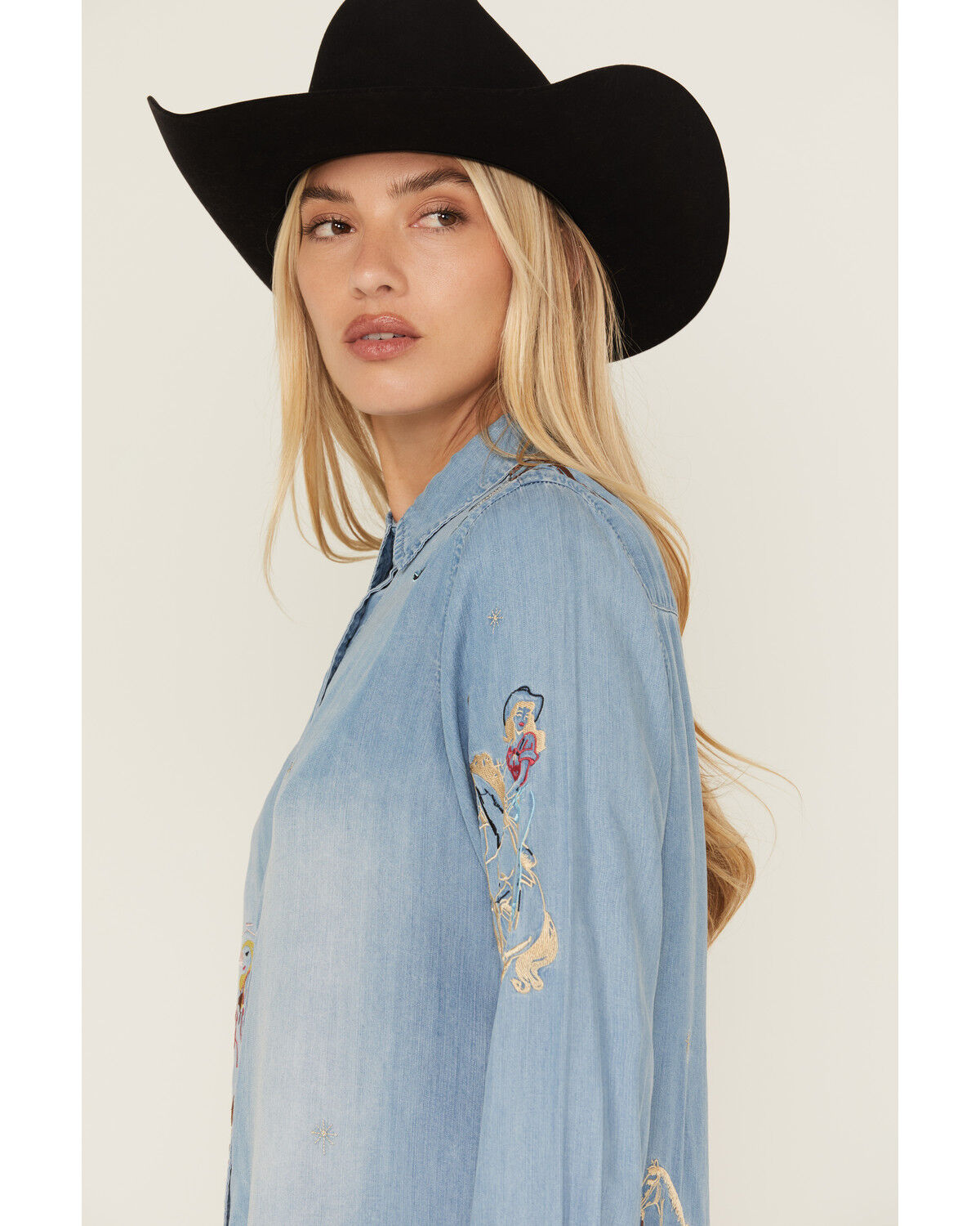 Blue B Women's Cowgirl Embroidered Long Sleeve Button-Down Denim Shirt